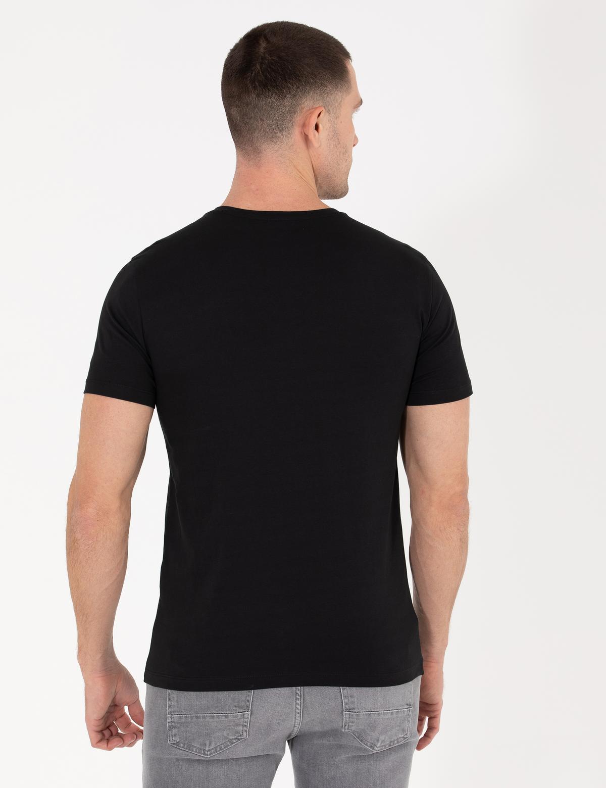 Siyah Slim Fit Baskılı Bisiklet Yaka Tişört - 50262620066