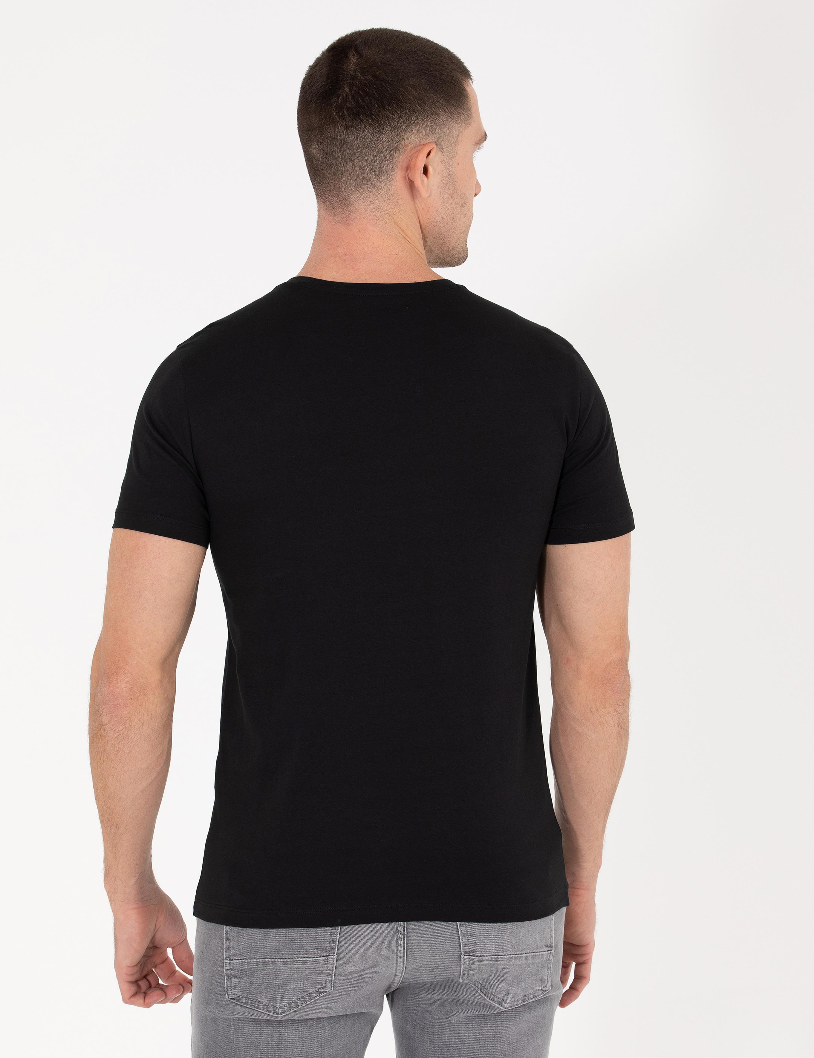 Siyah Slim Fit Baskılı Bisiklet Yaka Tişört