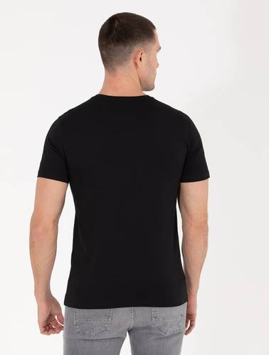 Siyah Slim Fit Baskılı Bisiklet Yaka Tişört