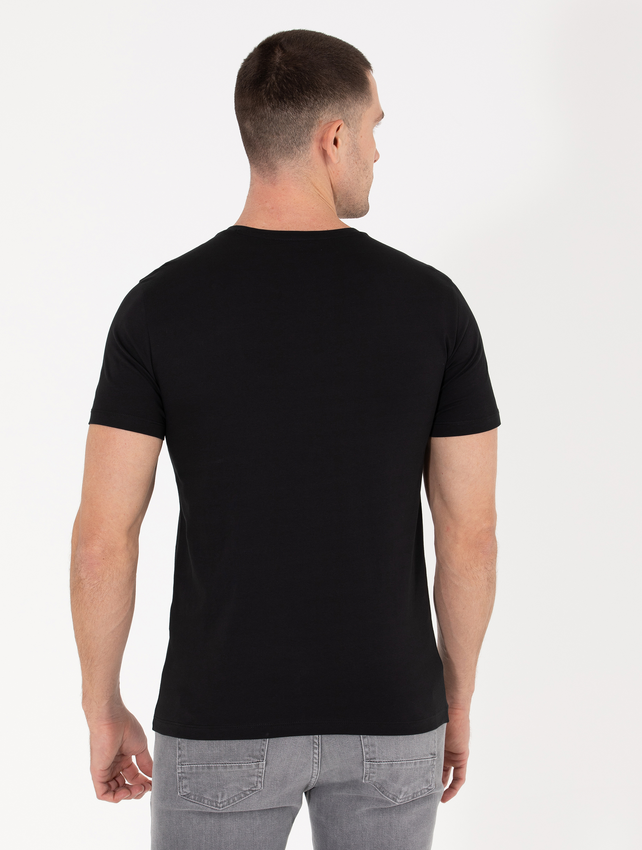 Siyah Slim Fit Baskılı Bisiklet Yaka Tişört
