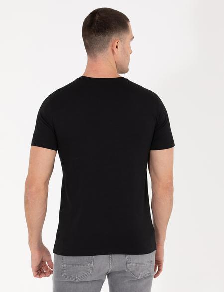 Siyah Slim Fit Baskılı Bisiklet Yaka Tişört - 50262620066