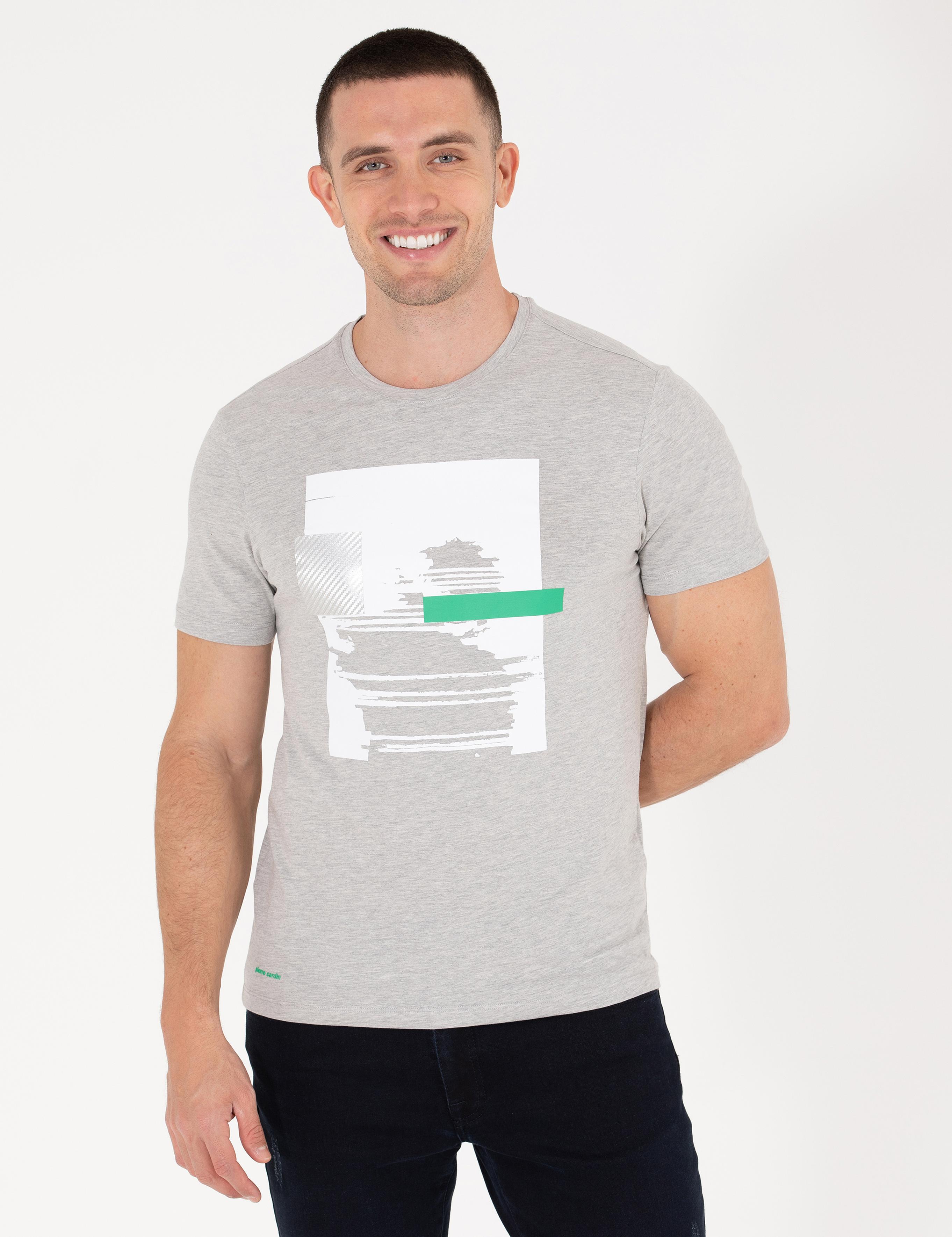 Açık Gri Melanj Slim Fit Baskılı Bisiklet Yaka Tişört