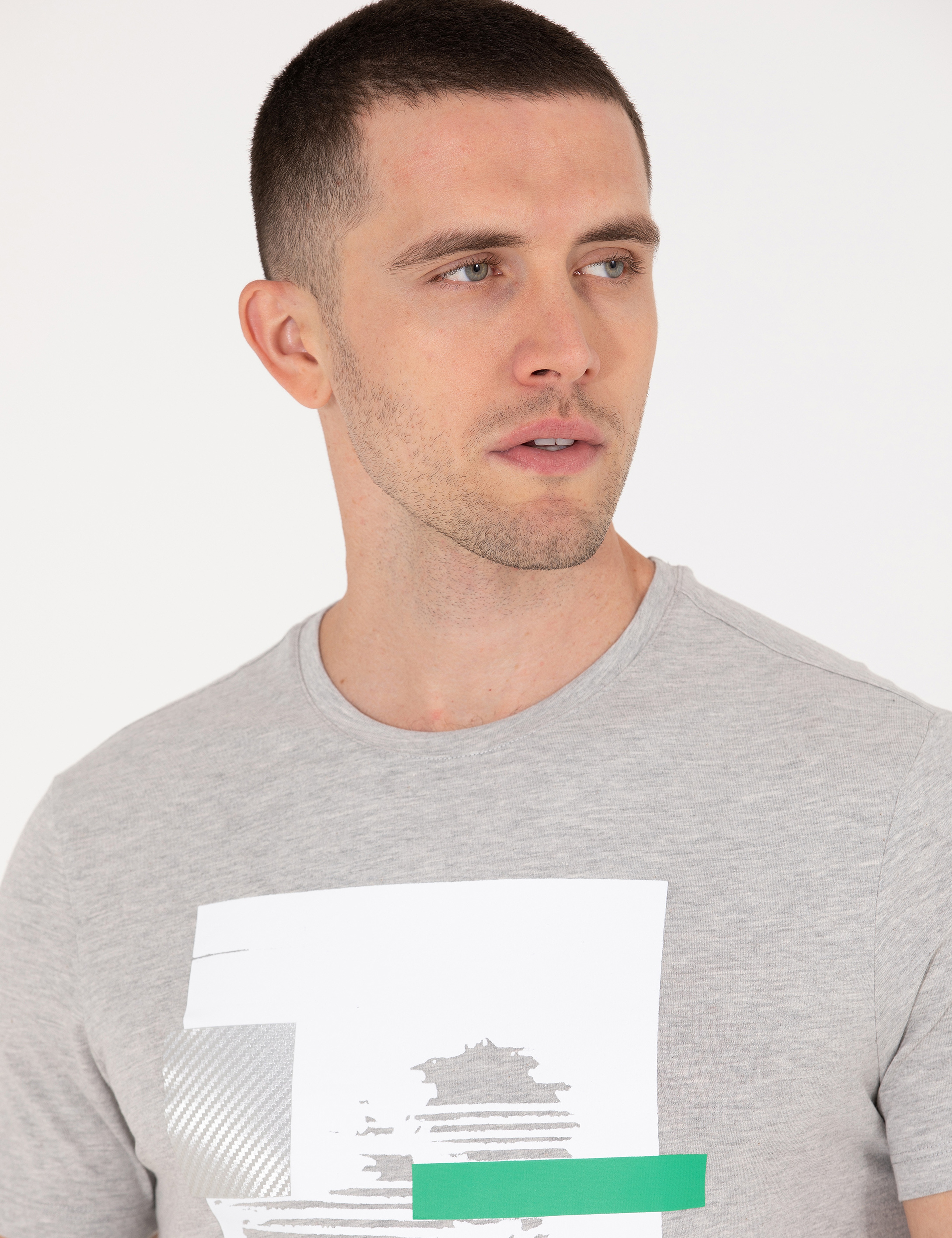 Açık Gri Melanj Slim Fit Baskılı Bisiklet Yaka Tişört