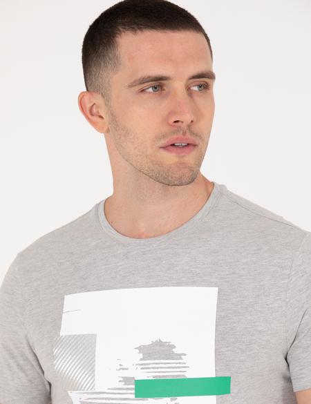 Açık Gri Melanj Slim Fit Baskılı Bisiklet Yaka Tişört - 50262620072
