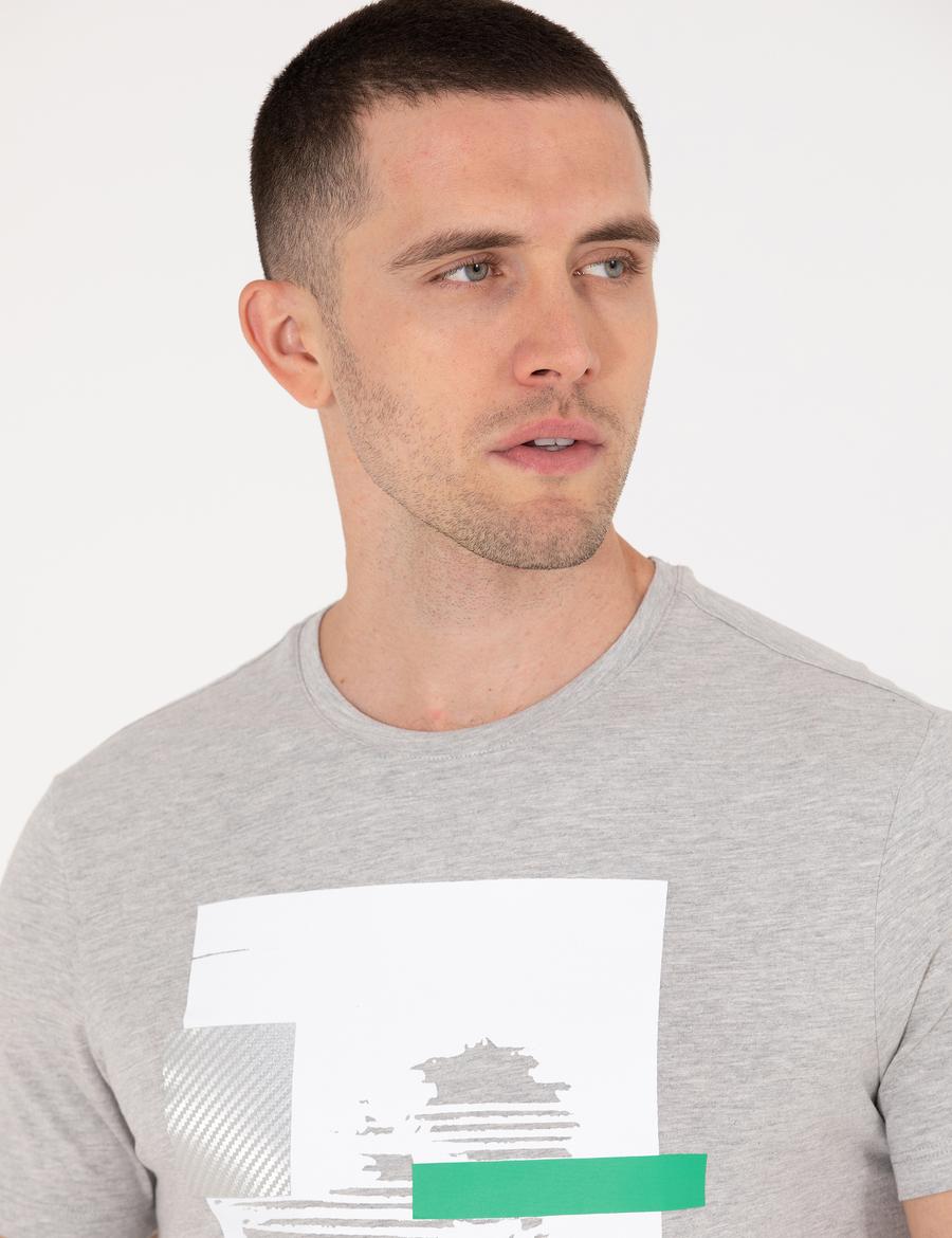 Açık Gri Melanj Slim Fit Baskılı Bisiklet Yaka Tişört