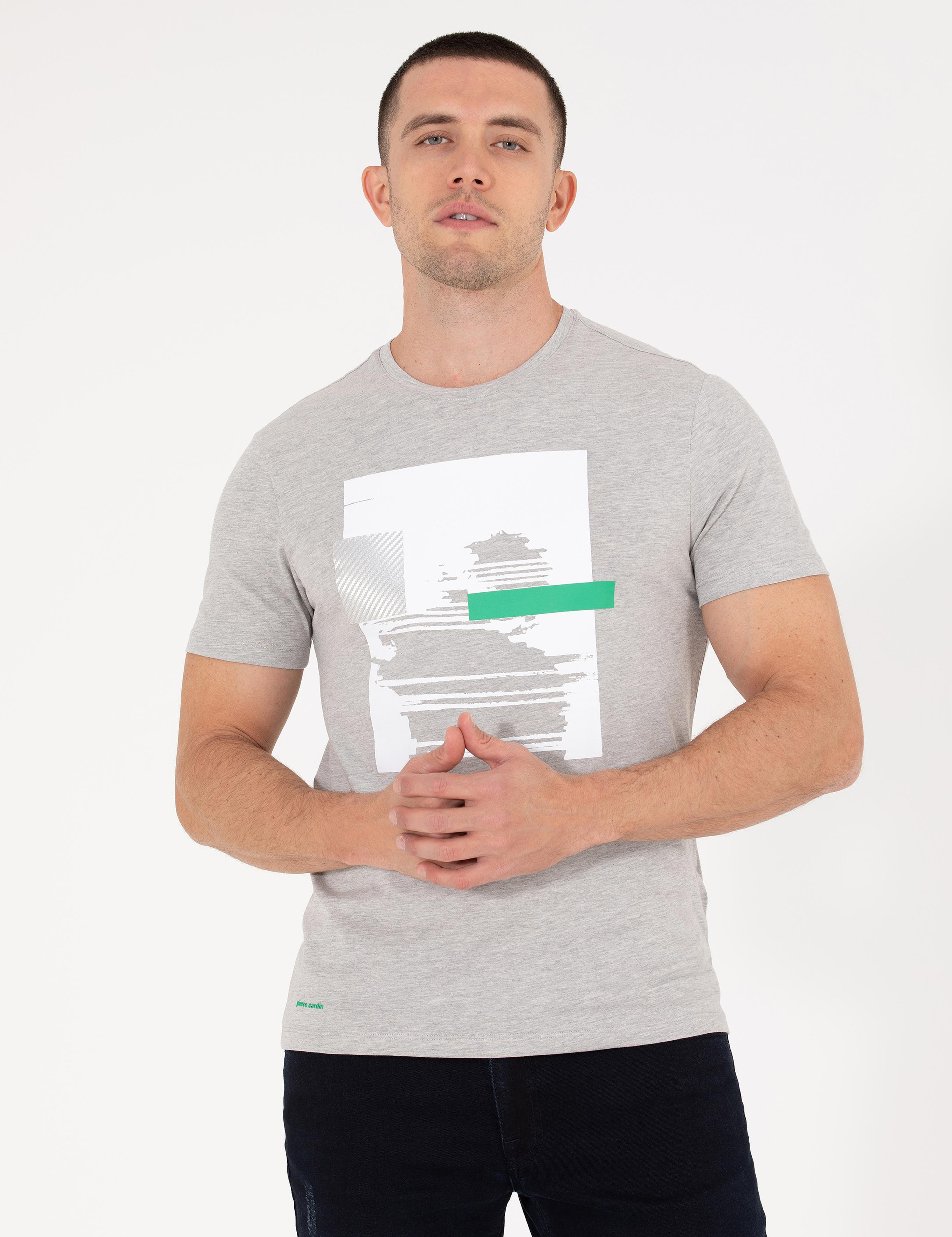 Açık Gri Melanj Slim Fit Baskılı Bisiklet Yaka Tişört