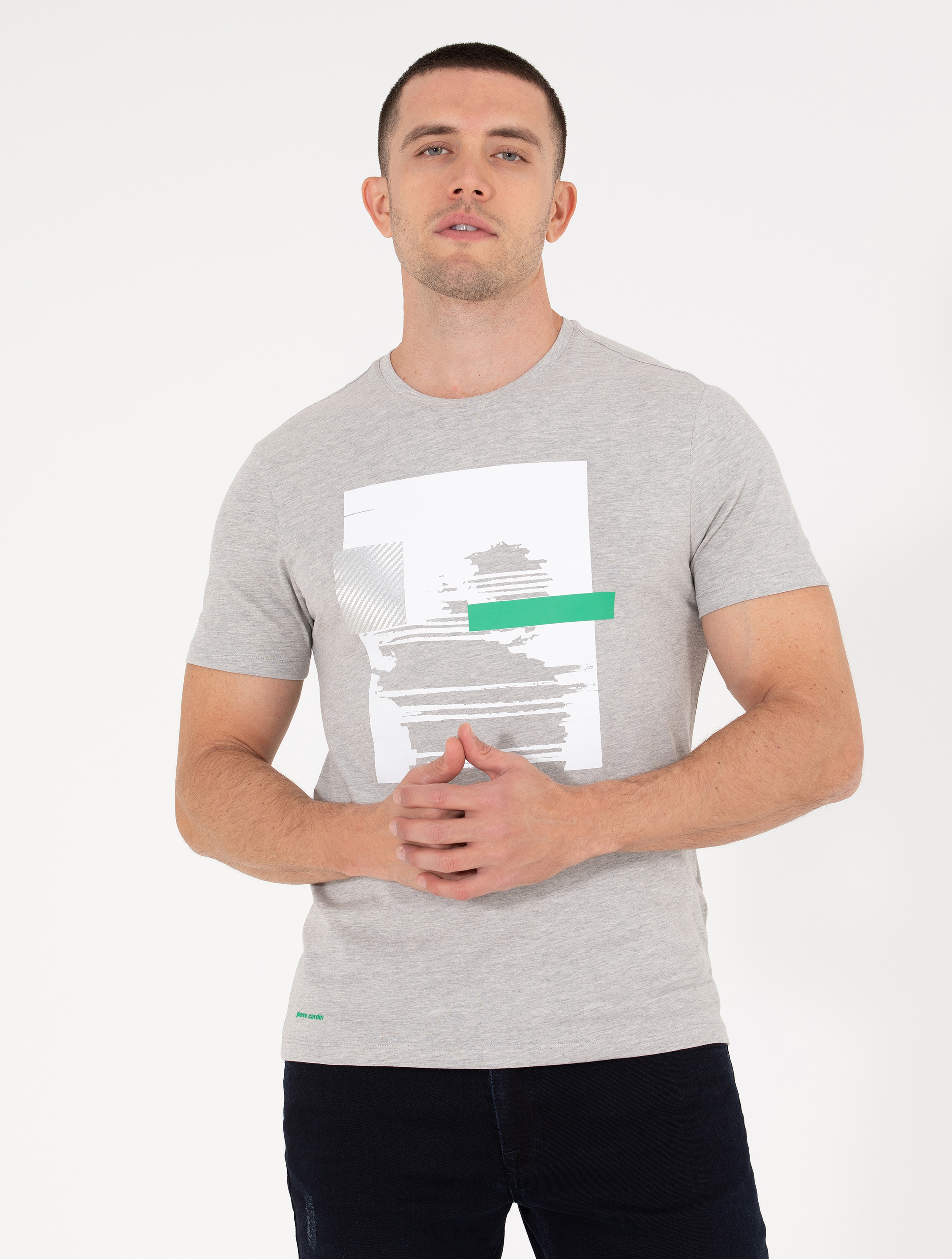 Açık Gri Melanj Slim Fit Baskılı Bisiklet Yaka Tişört - Image 3