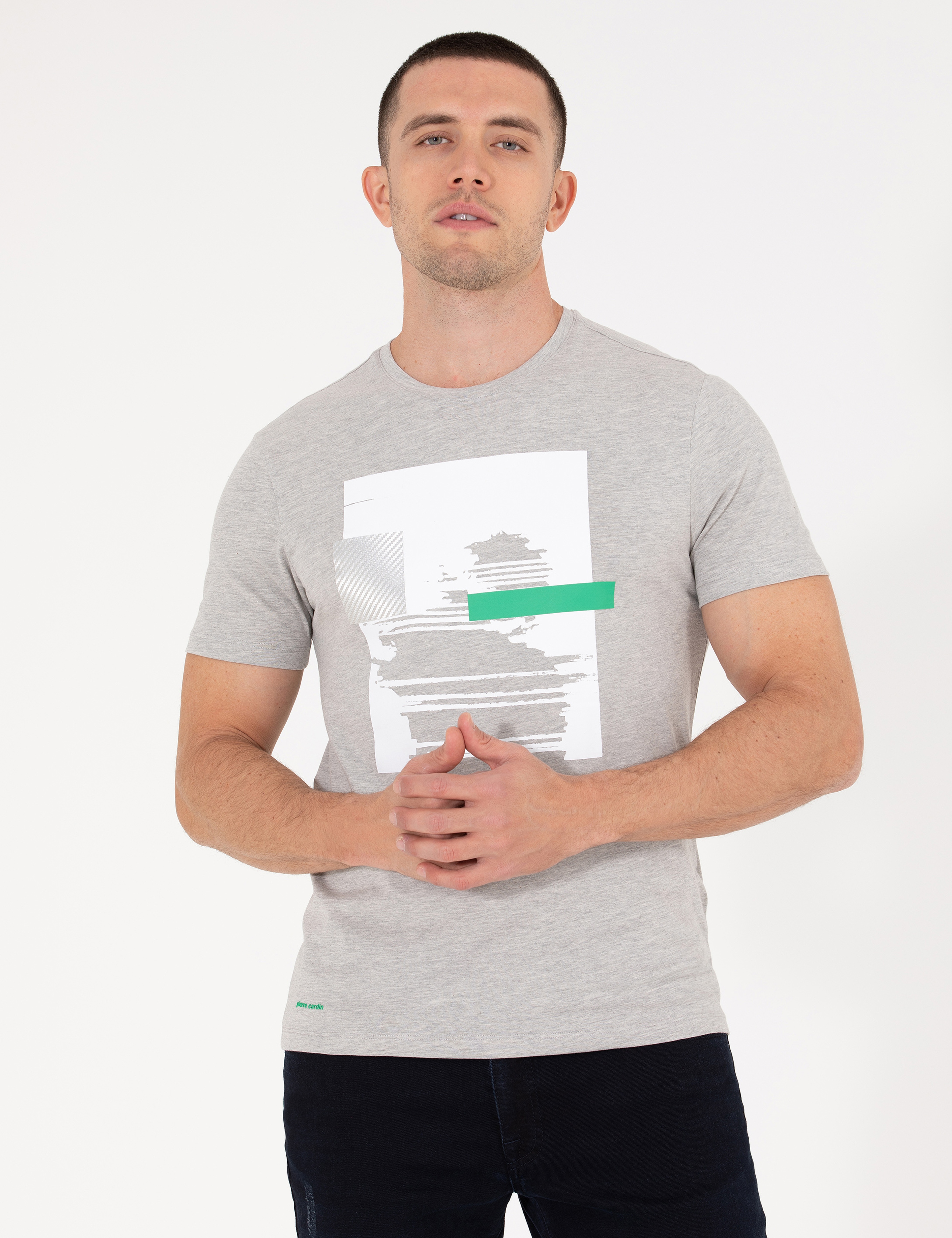 Açık Gri Melanj Slim Fit Baskılı Bisiklet Yaka Tişört