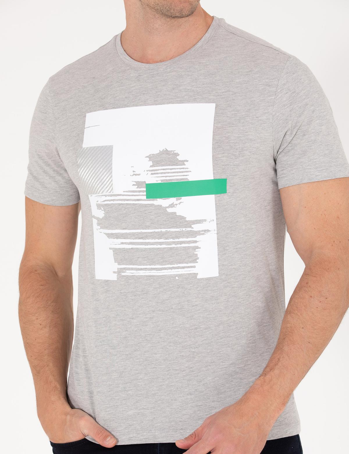 Açık Gri Melanj Slim Fit Baskılı Bisiklet Yaka Tişört - 50262620072