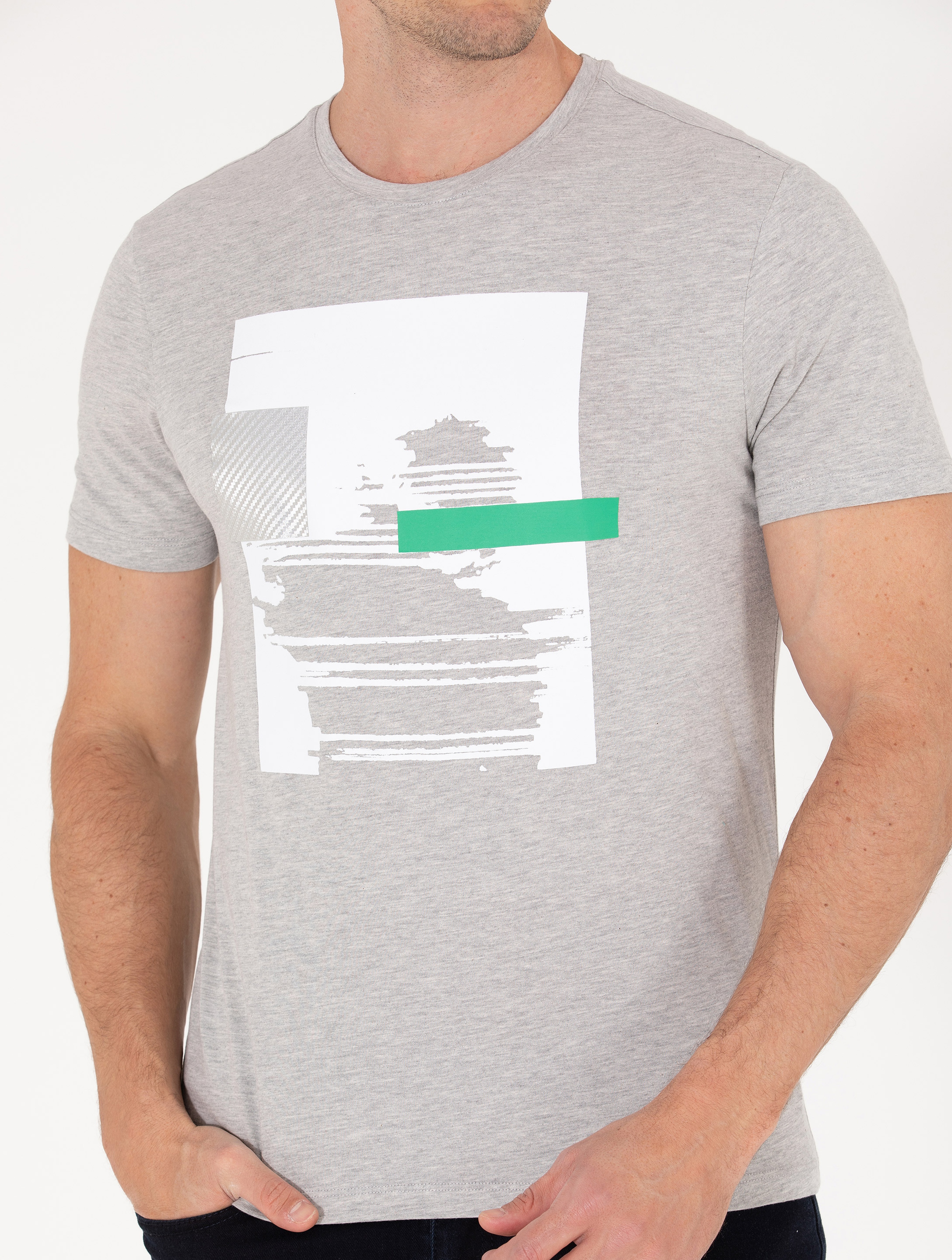 Açık Gri Melanj Slim Fit Baskılı Bisiklet Yaka Tişört - Image 6