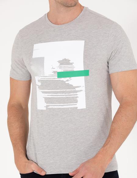 Açık Gri Melanj Slim Fit Baskılı Bisiklet Yaka Tişört - 50262620072