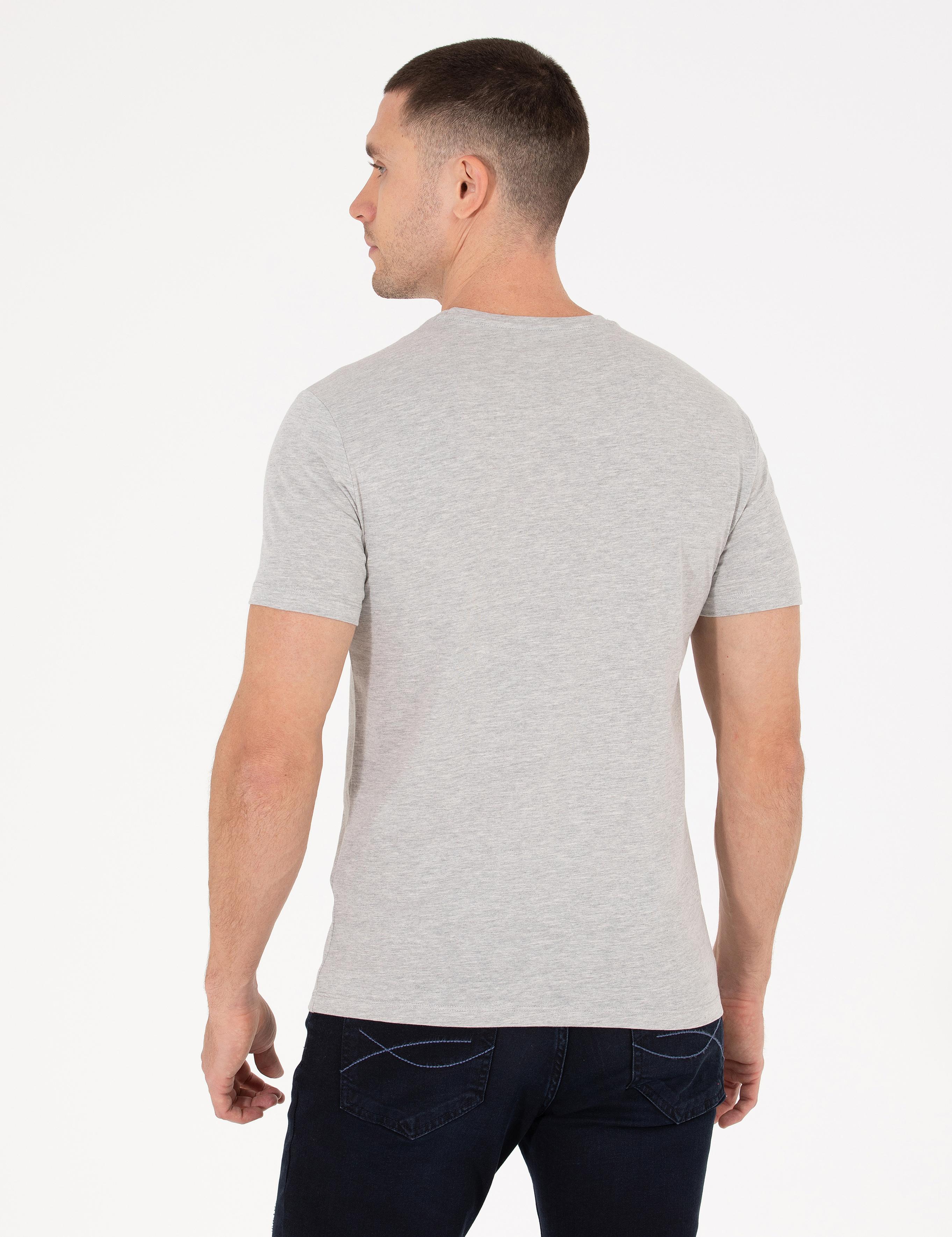 Açık Gri Melanj Slim Fit Baskılı Bisiklet Yaka Tişört