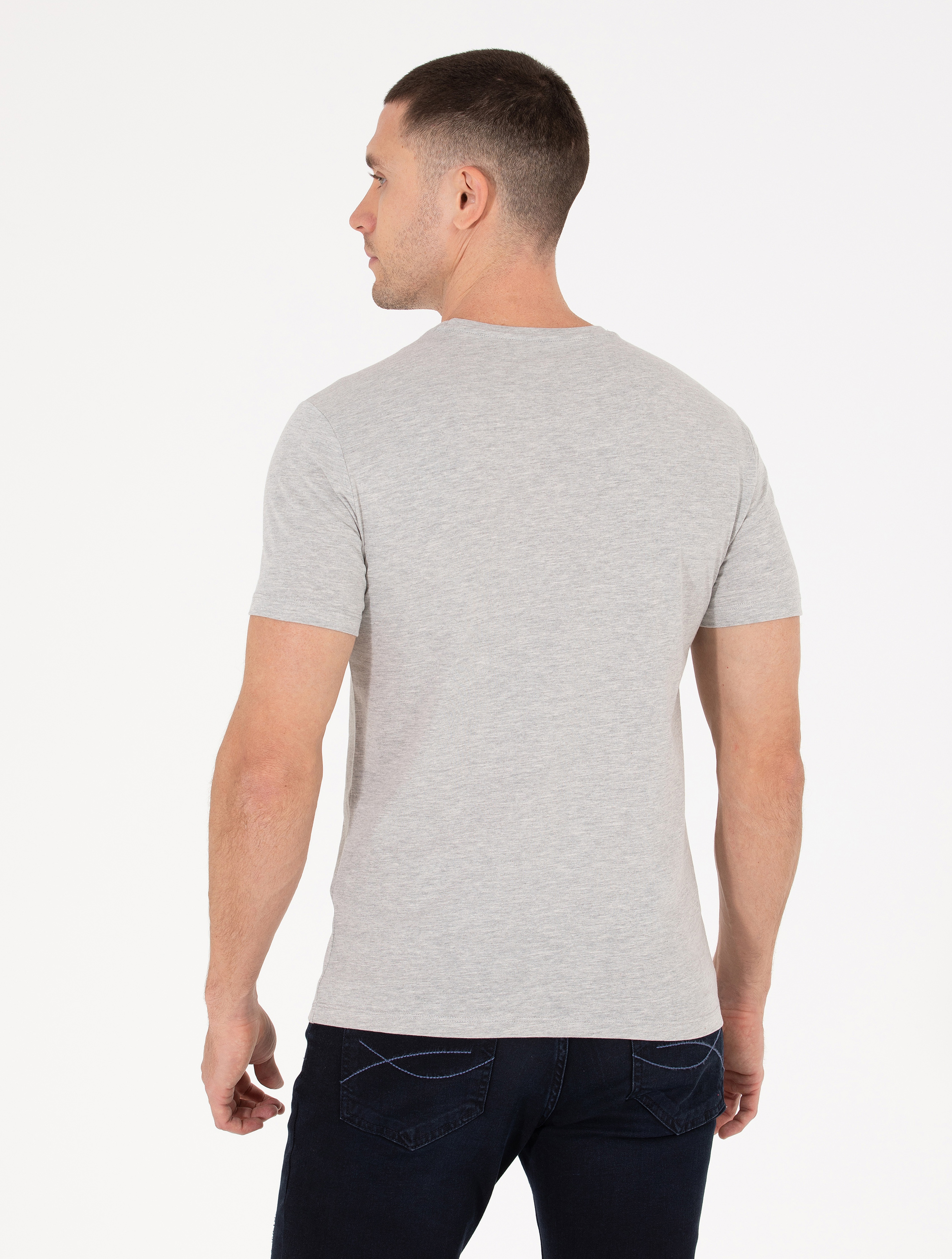 Açık Gri Melanj Slim Fit Baskılı Bisiklet Yaka Tişört - Image 5