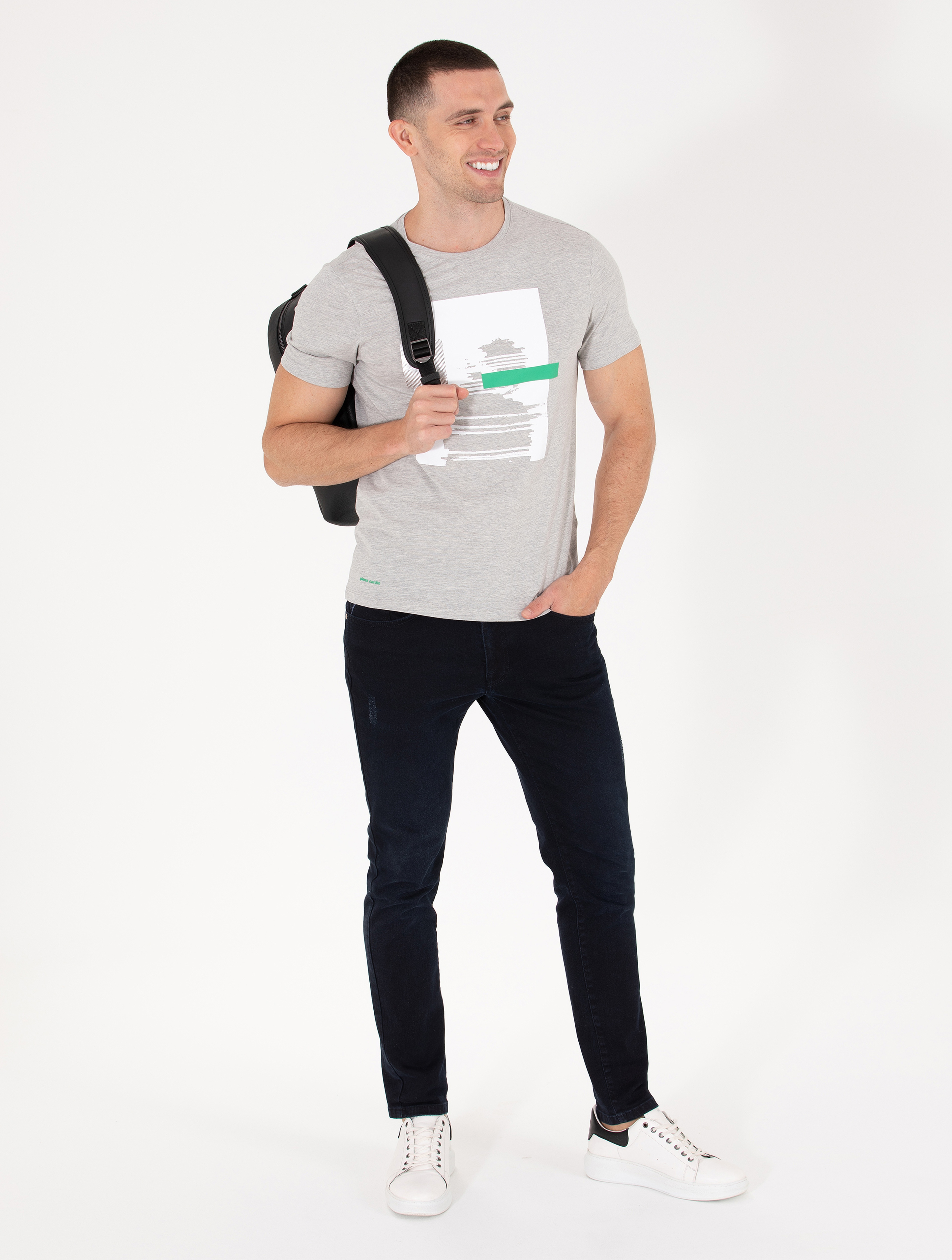 Açık Gri Melanj Slim Fit Baskılı Bisiklet Yaka Tişört - Image 4