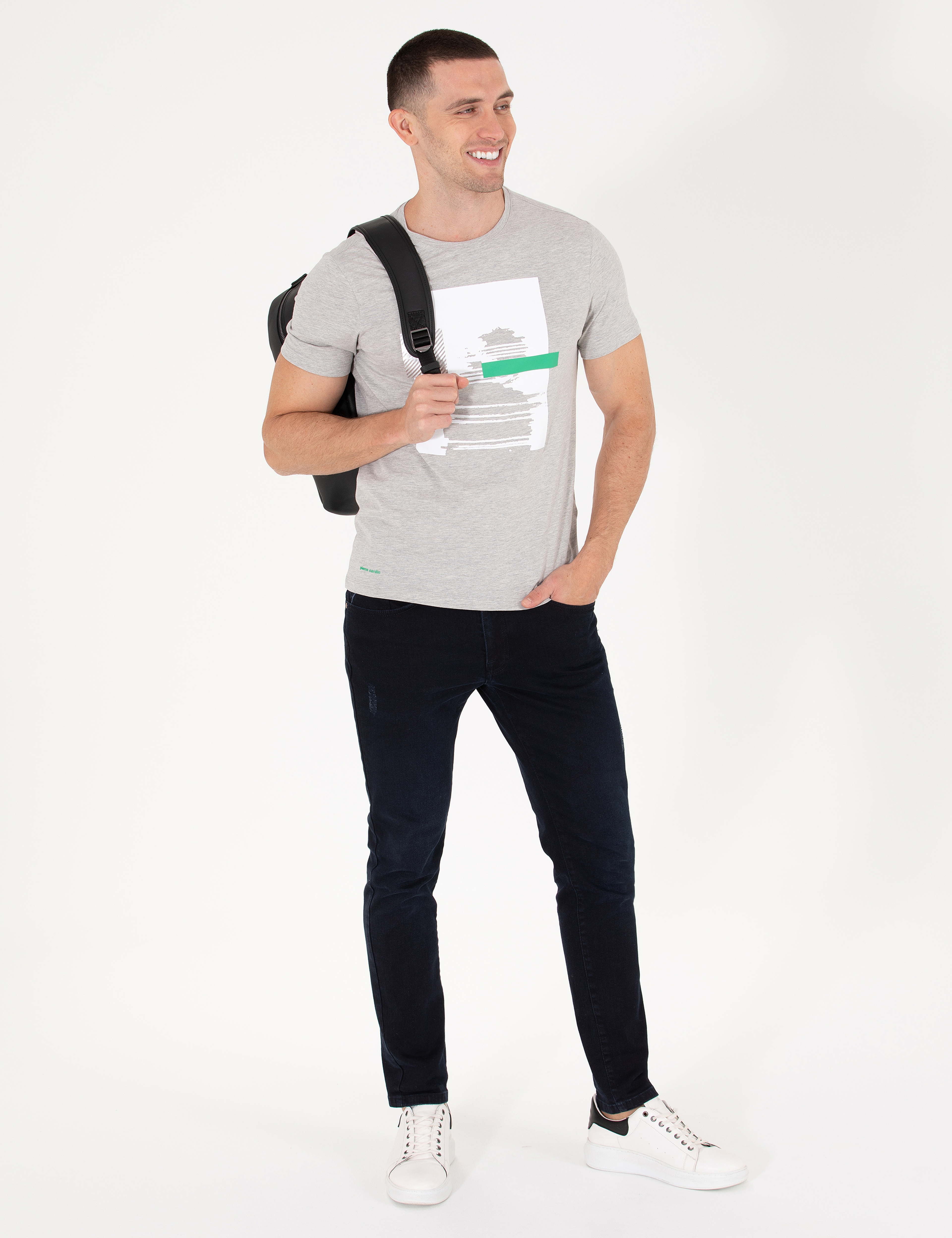 Açık Gri Melanj Slim Fit Baskılı Bisiklet Yaka Tişört