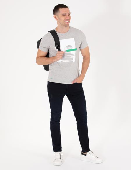 Açık Gri Melanj Slim Fit Baskılı Bisiklet Yaka Tişört - 50262620072