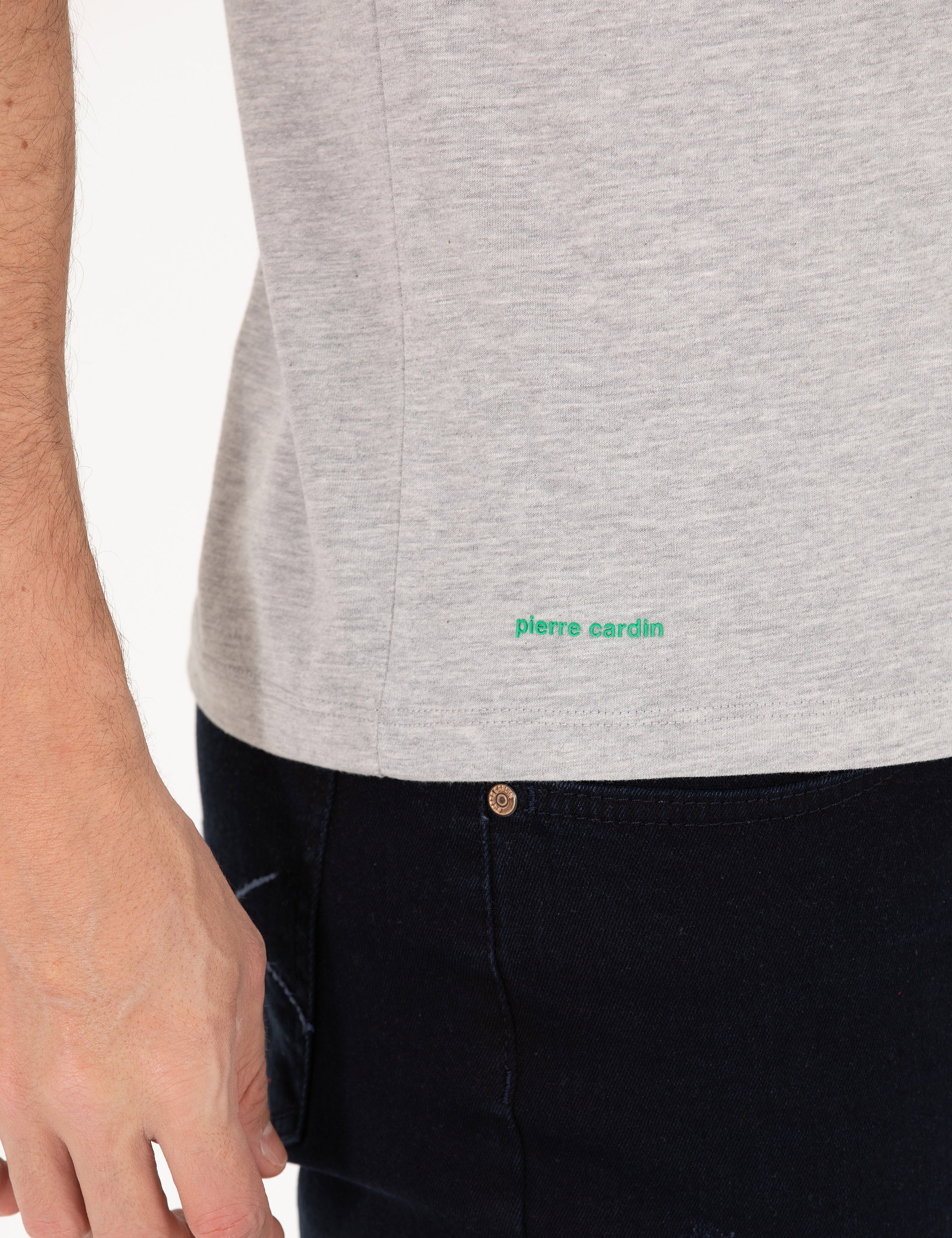 Açık Gri Melanj Slim Fit Baskılı Bisiklet Yaka Tişört