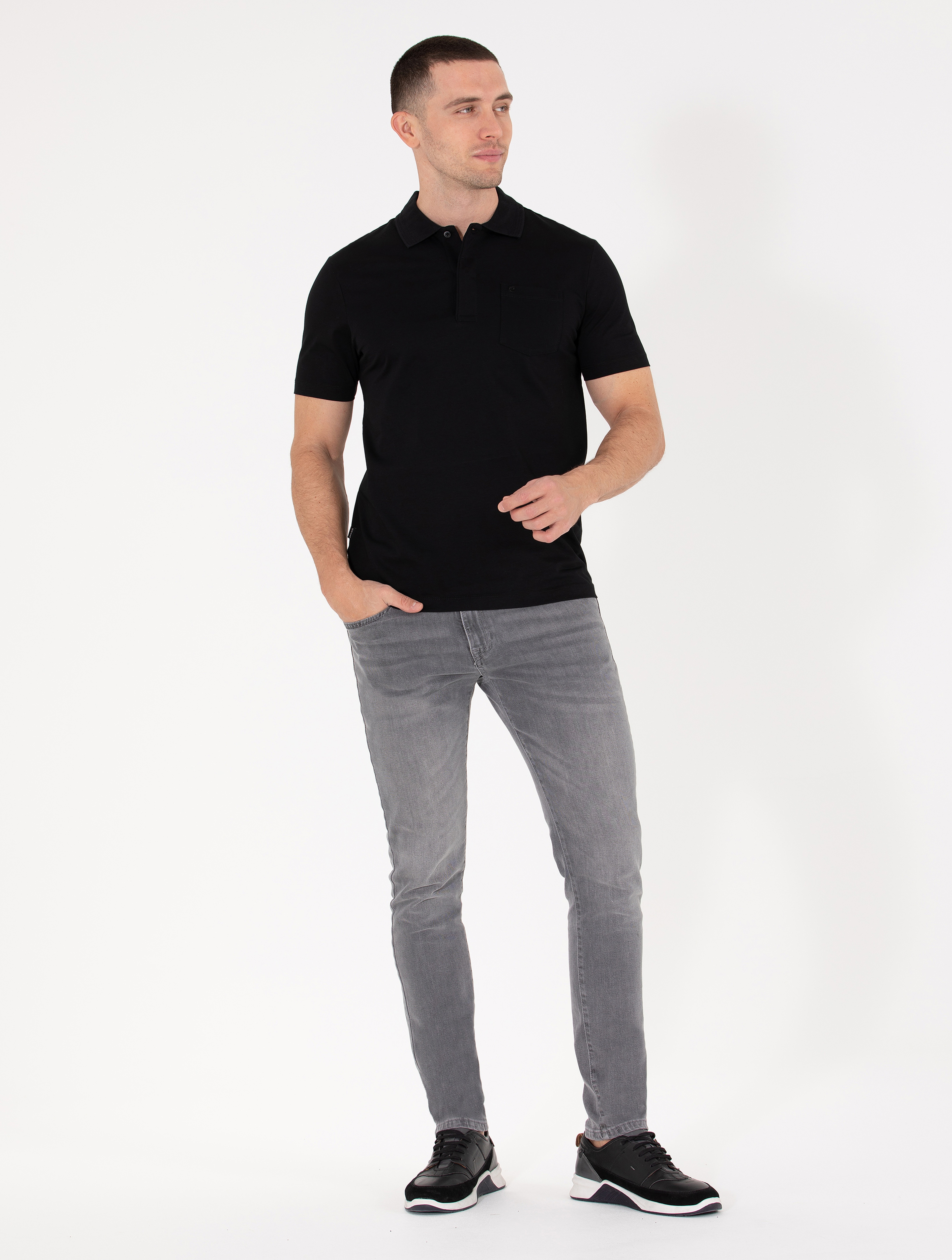 Siyah Regular Fit Polo Yaka Merserize Tişört - Image 3