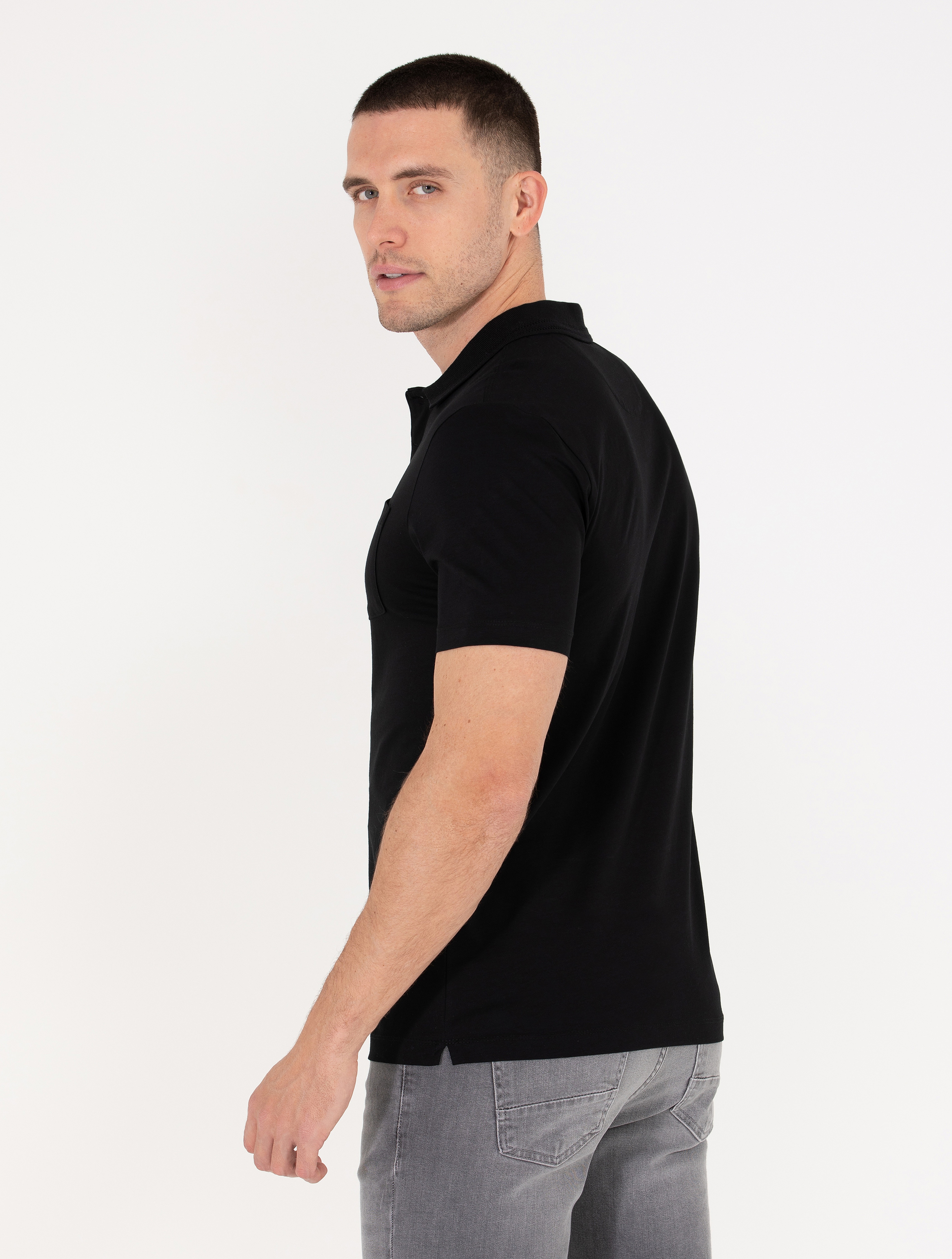 Siyah Regular Fit Polo Yaka Merserize Tişört - Image 5