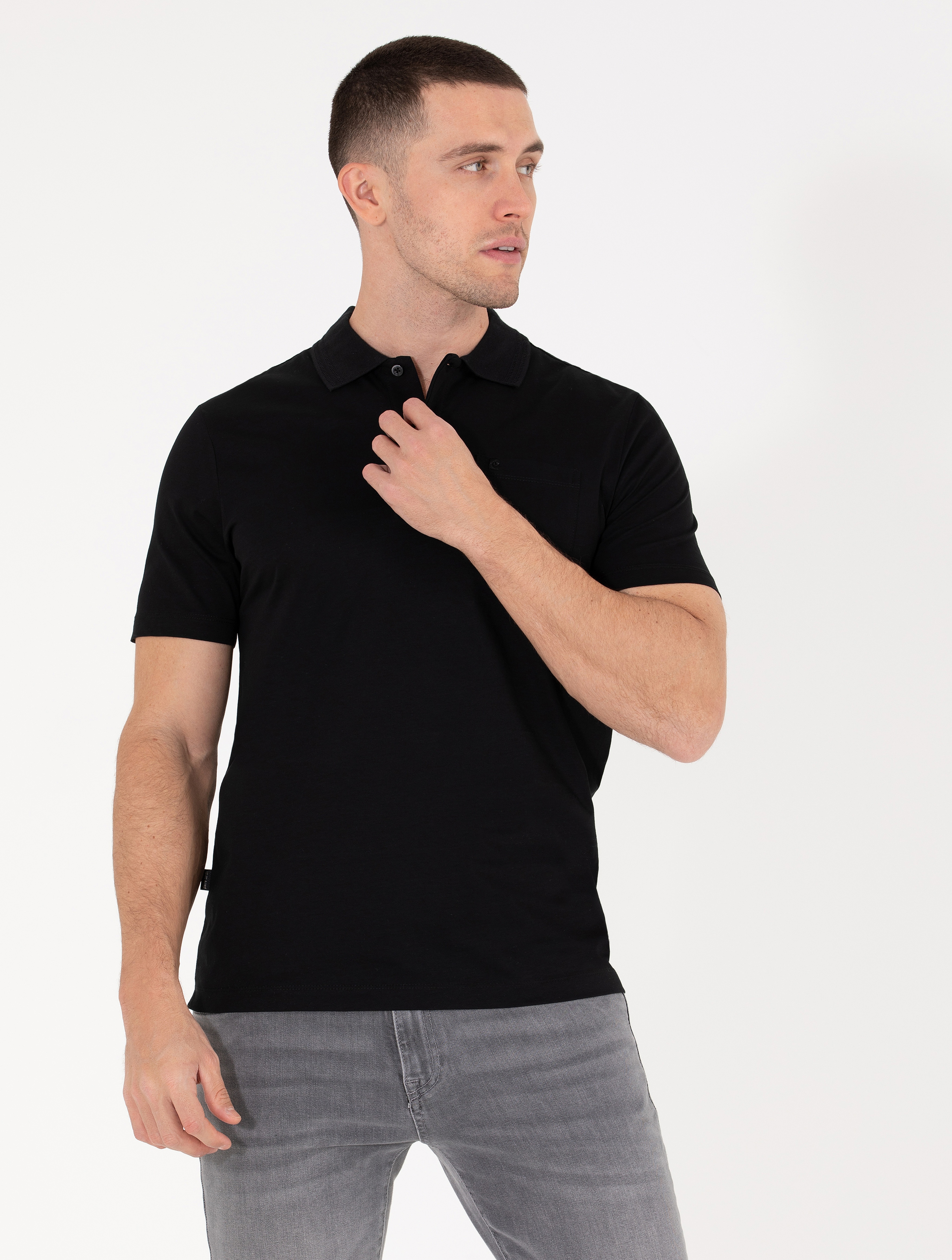 Siyah Regular Fit Polo Yaka Merserize Tişört - Image 1