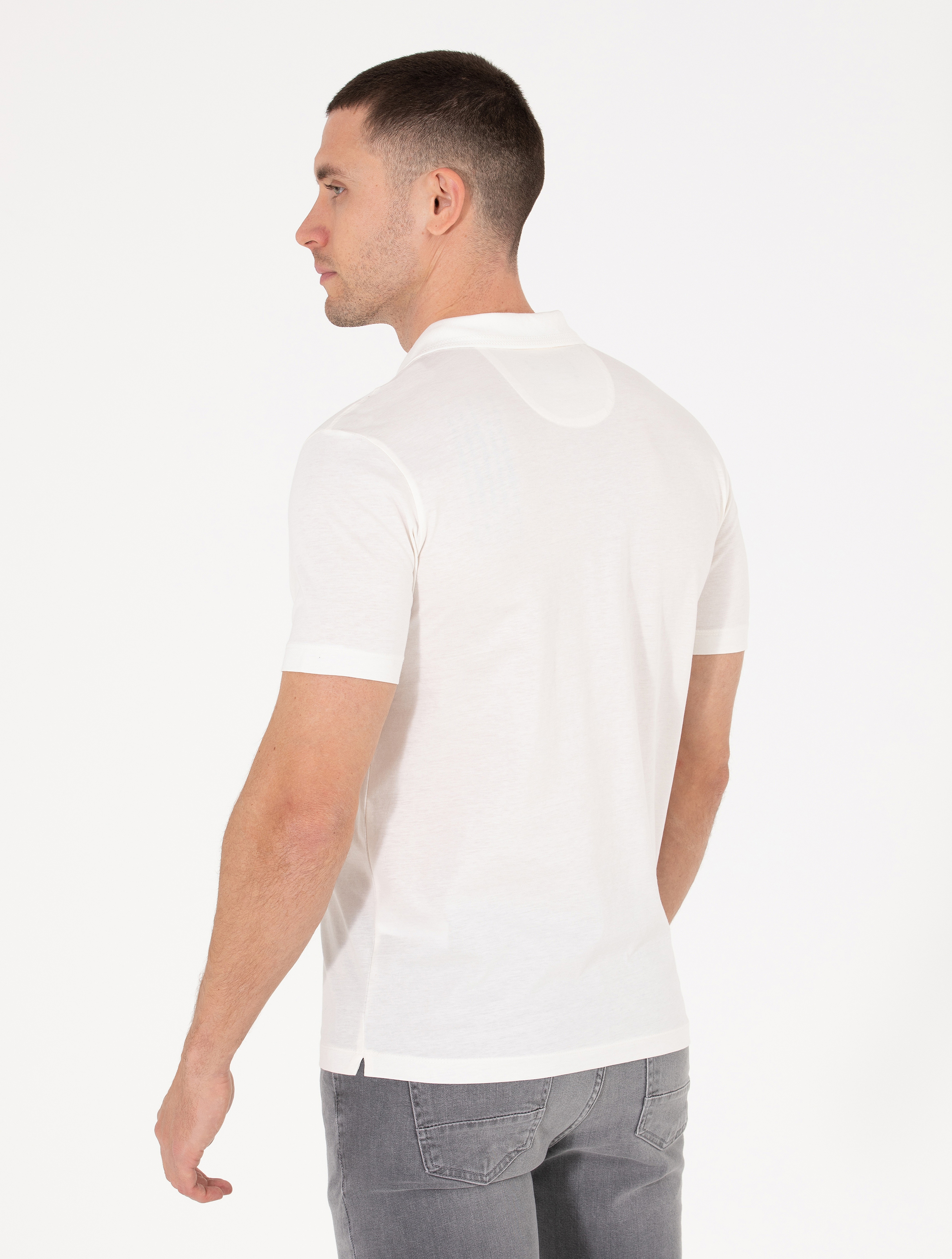 Beyaz Regular Fit Polo Yaka Merserize Tişört - Image 5