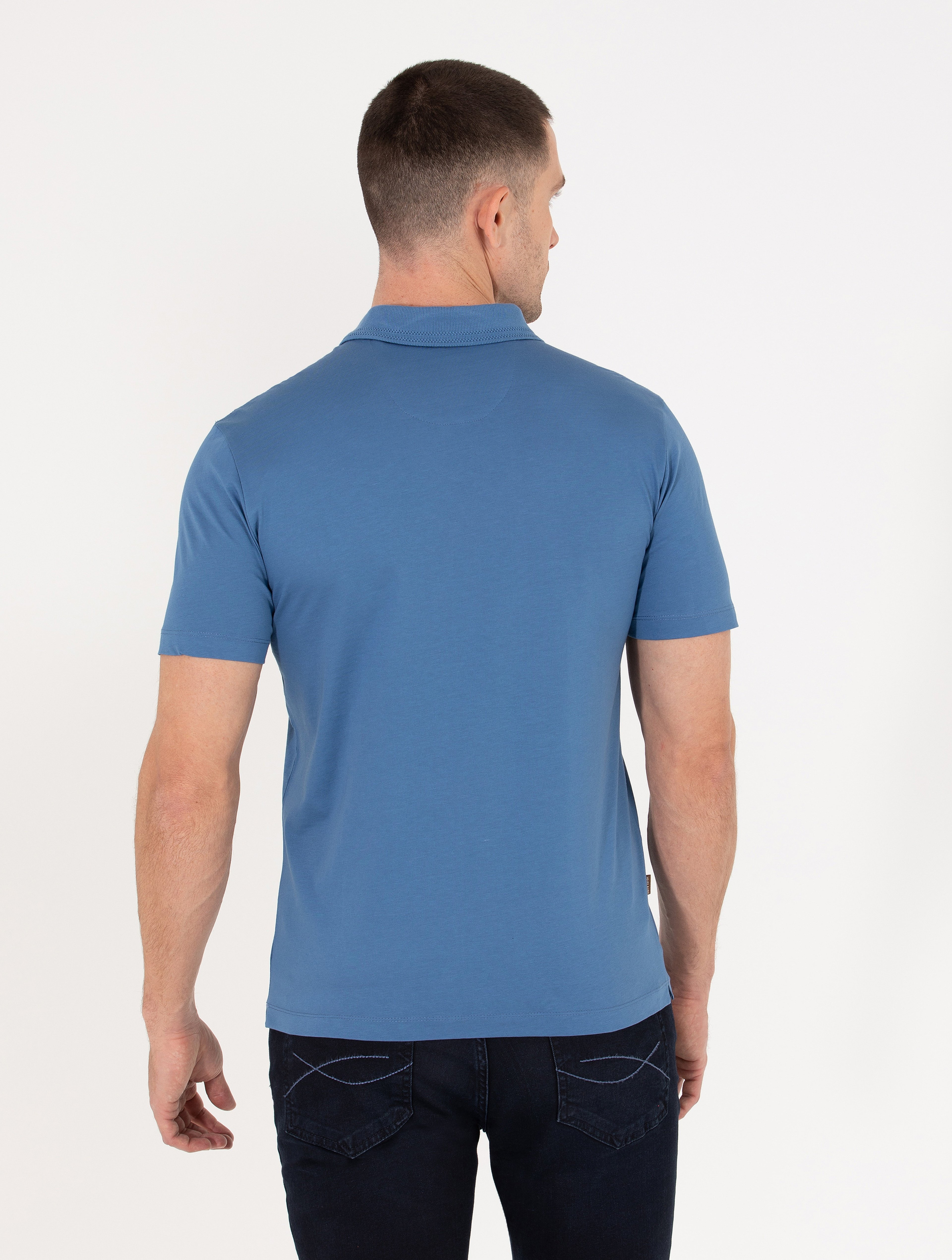 Koyu Mavi Regular Fit Polo Yaka Merserize Tişört - Image 5