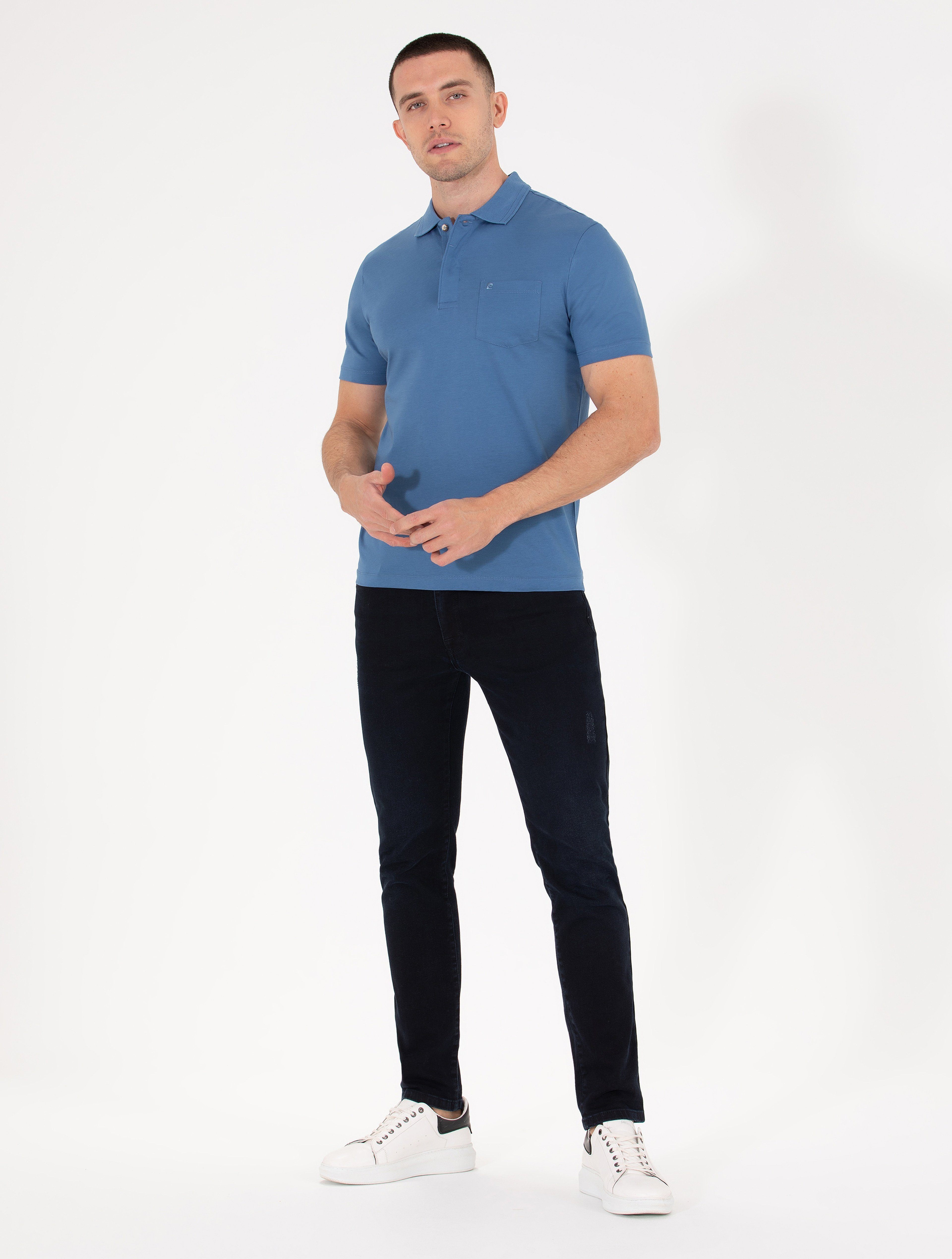 Koyu Mavi Regular Fit Polo Yaka Merserize Tişört - Image 3