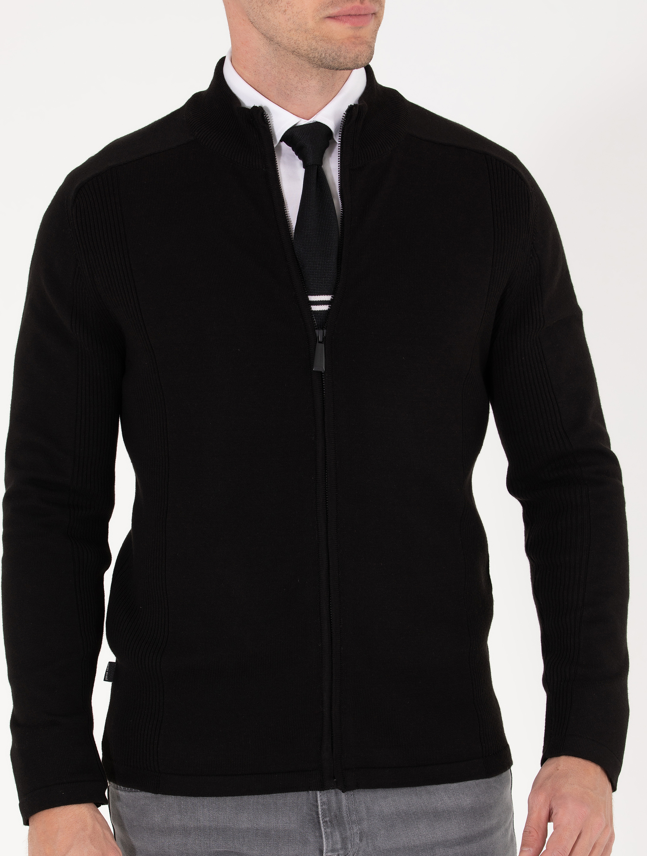 Pierre Cardin Siyah Slim Fit Fermuarlı Triko Hırka görsel 6