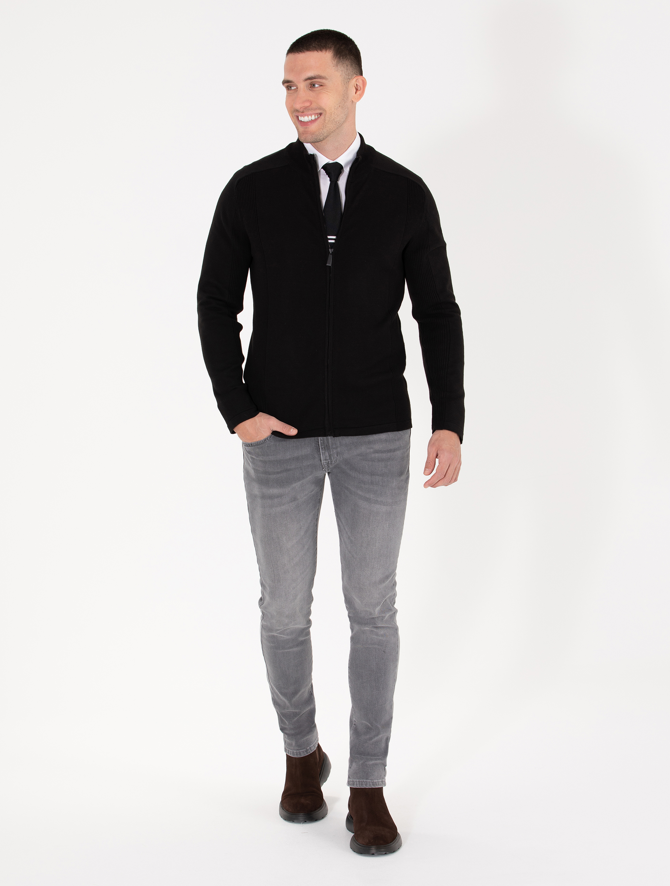 Pierre Cardin Siyah Slim Fit Fermuarlı Triko Hırka görsel 3