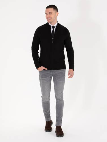 Siyah Slim Fit Fermuarlı Triko Hırka