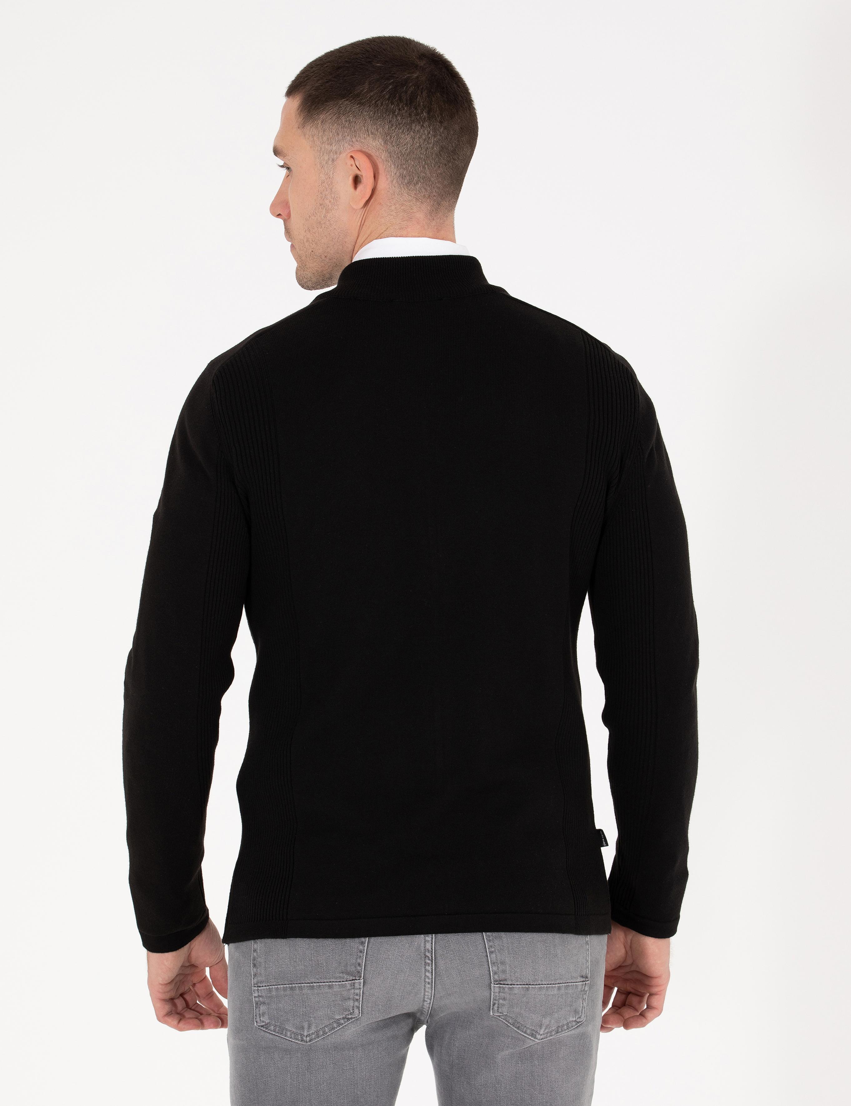 Siyah Slim Fit Fermuarlı Triko Hırka