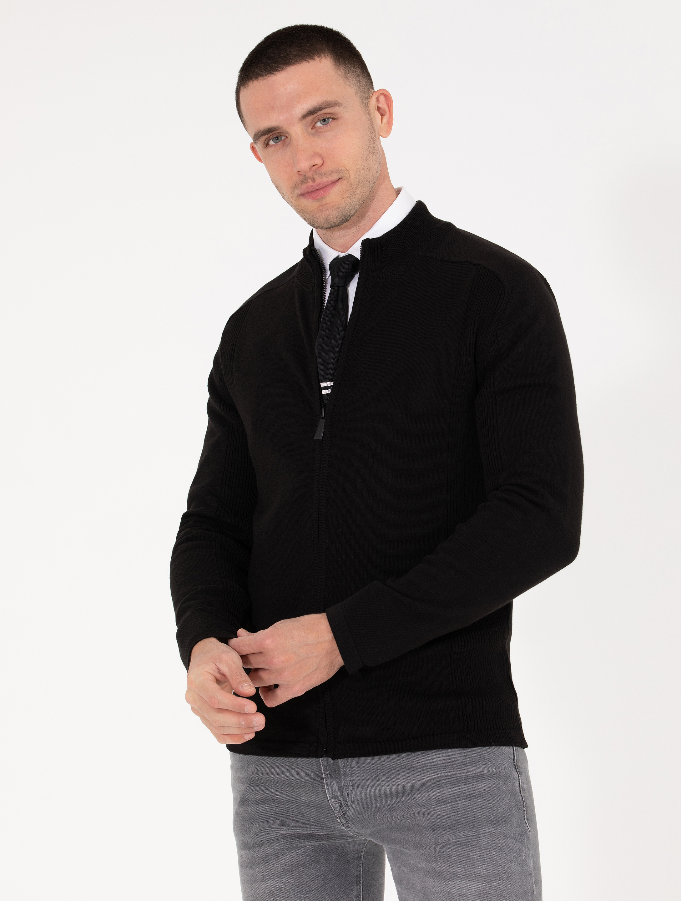 Pierre Cardin Siyah Slim Fit Fermuarlı Triko Hırka görsel 4