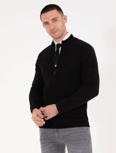 Siyah Slim Fit Fermuarlı Triko Hırka