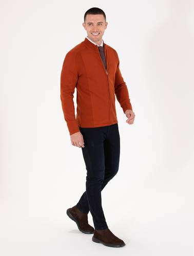 Kahverengi Slim Fit Fermuarlı Triko Hırka