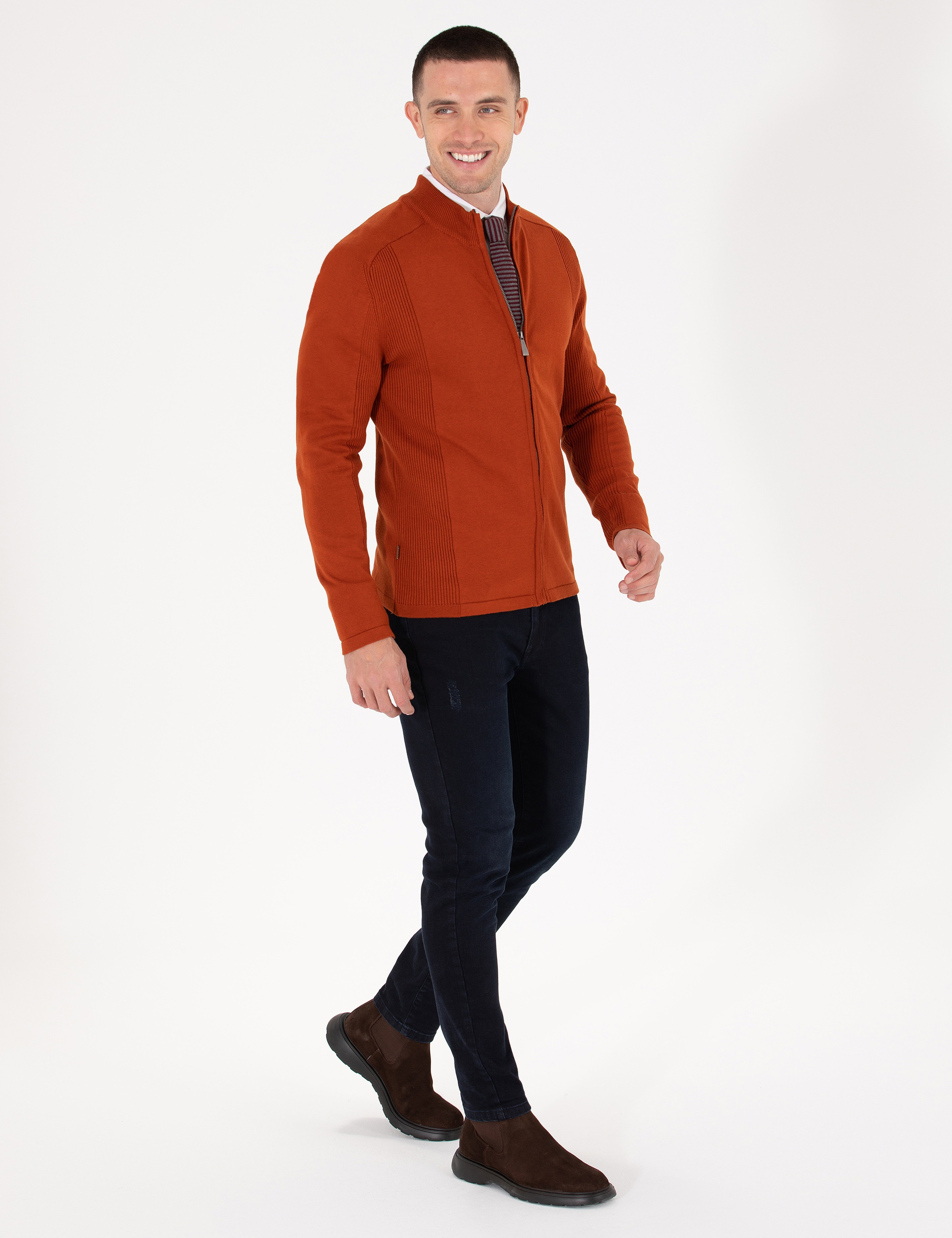 Kahverengi Slim Fit Fermuarlı Triko Hırka