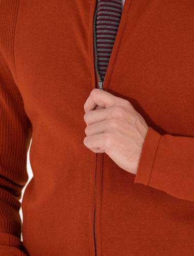 Kahverengi Slim Fit Fermuarlı Triko Hırka