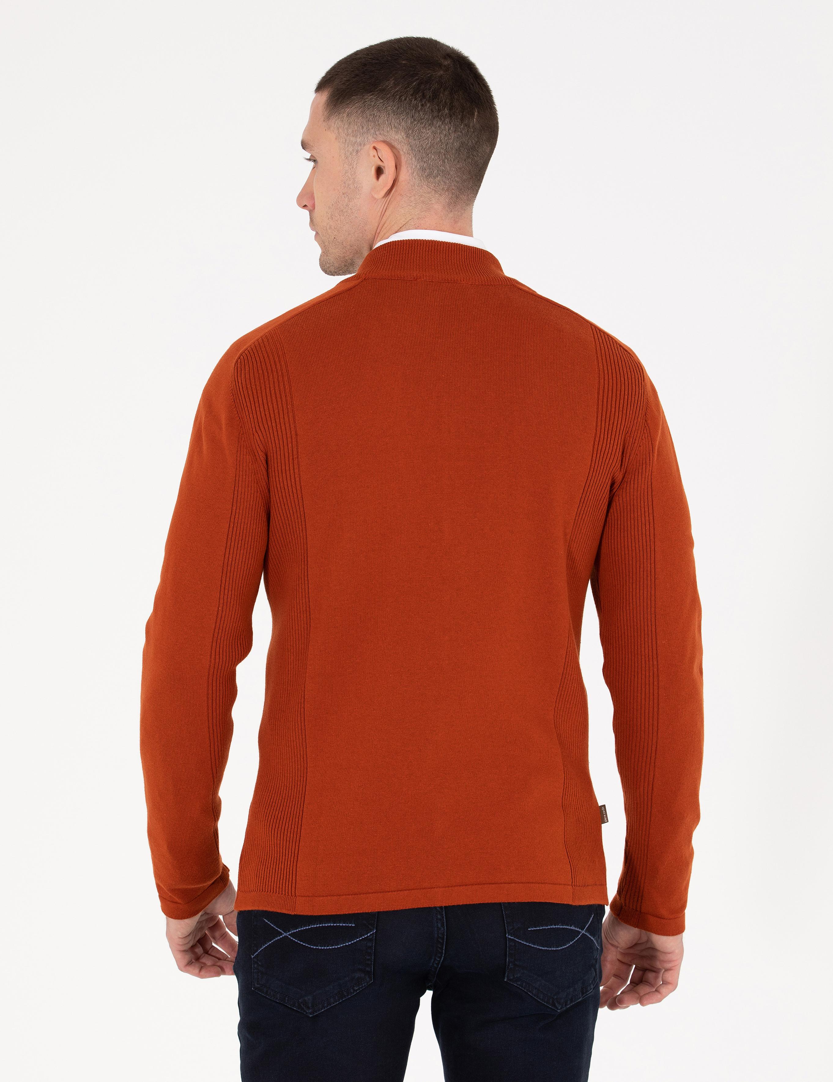 Kahverengi Slim Fit Fermuarlı Triko Hırka