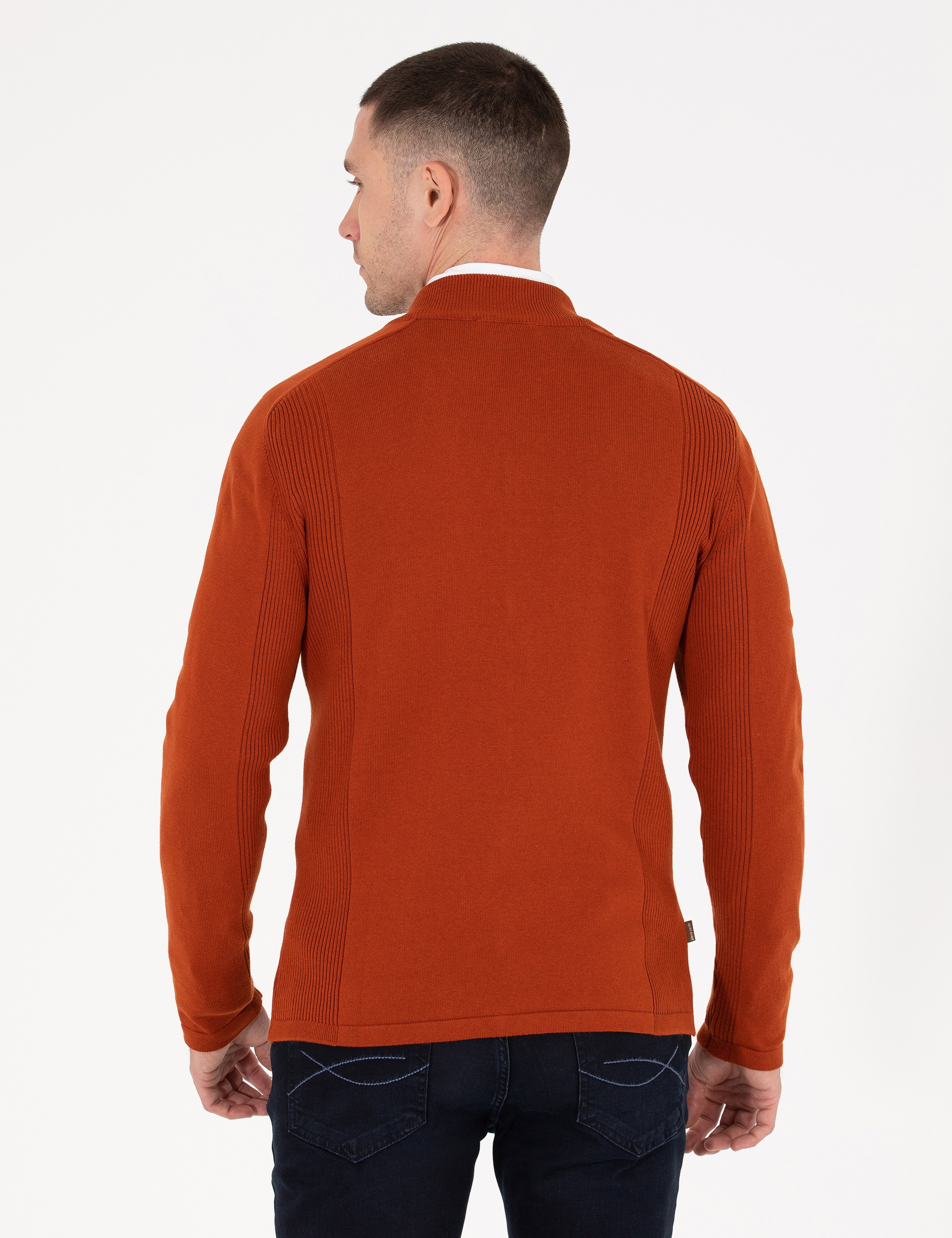 Kahverengi Slim Fit Fermuarlı Triko Hırka