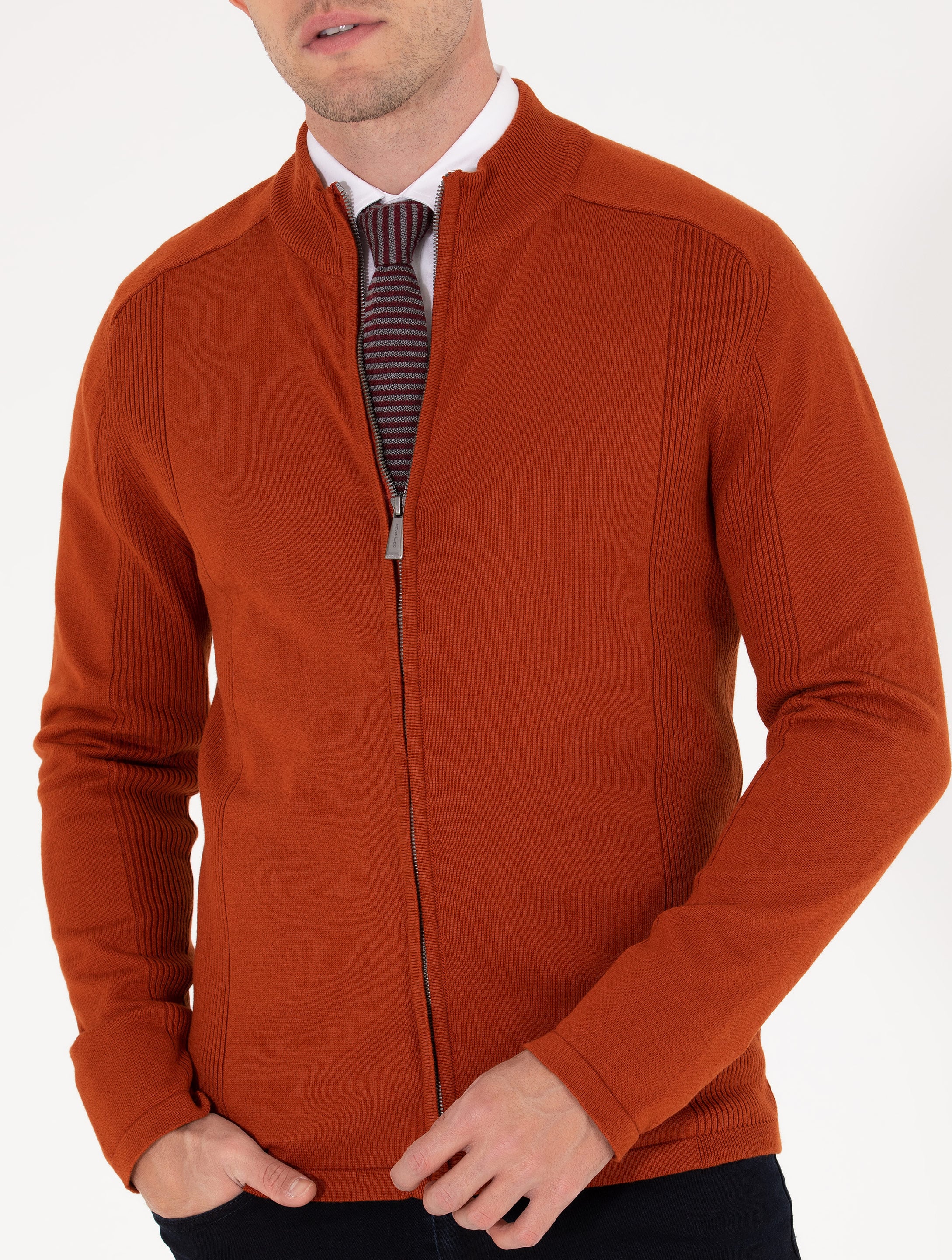 Pierre Cardin Kahverengi Slim Fit Fermuarlı Triko Hırka görsel 6