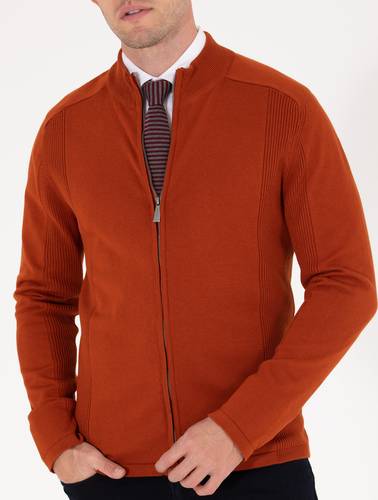 Kahverengi Slim Fit Fermuarlı Triko Hırka