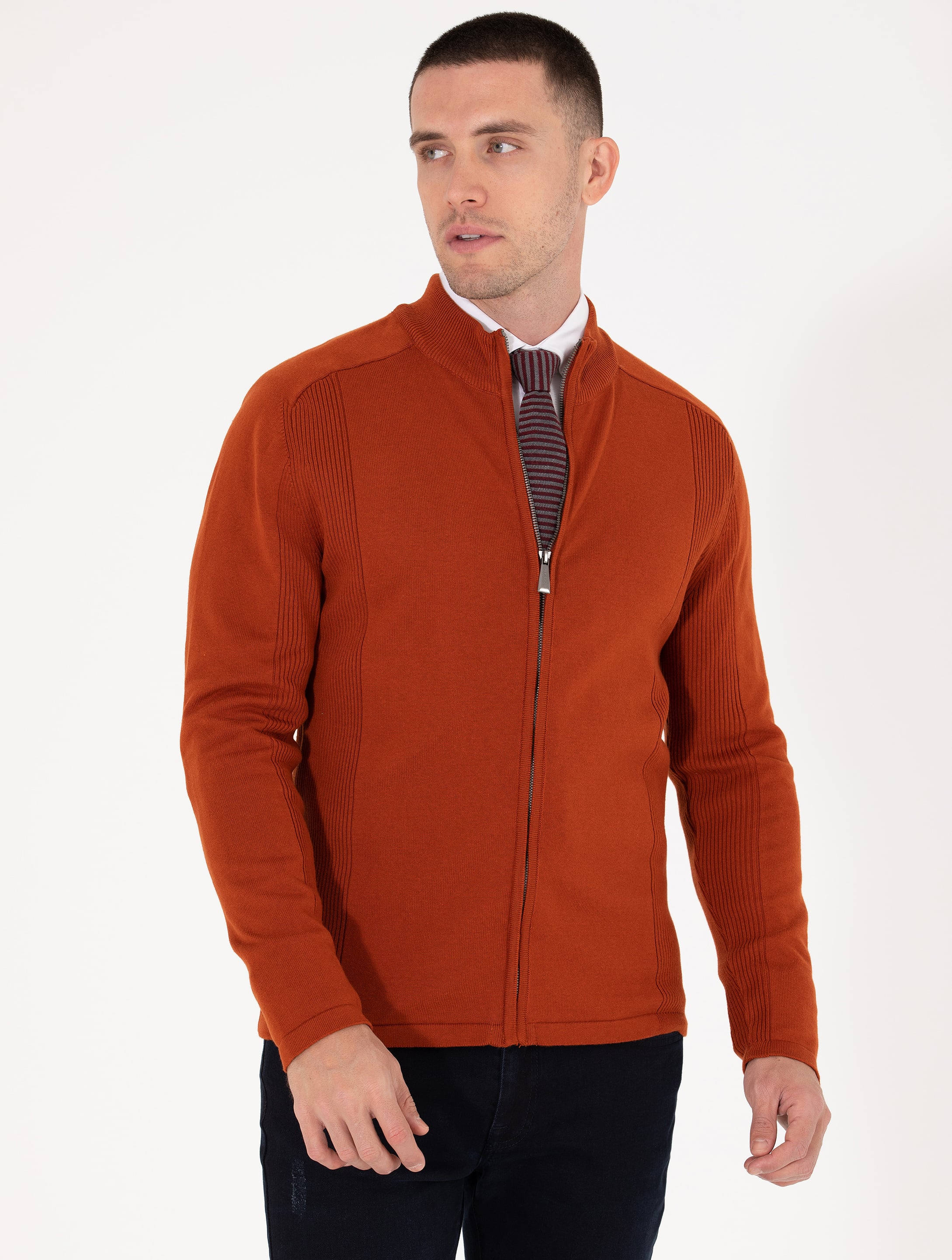 Pierre Cardin Kahverengi Slim Fit Fermuarlı Triko Hırka görsel 3