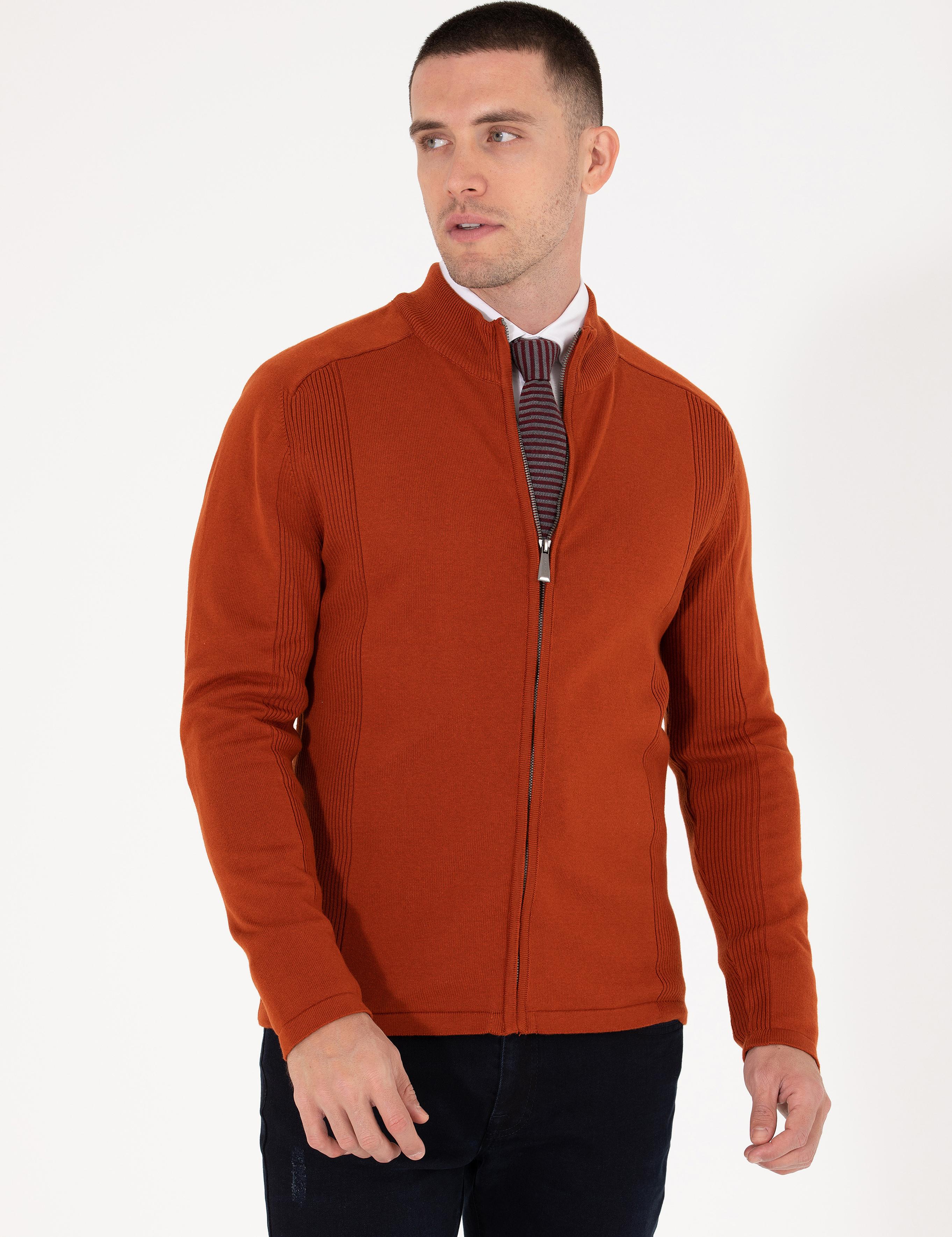 Kahverengi Slim Fit Fermuarlı Triko Hırka