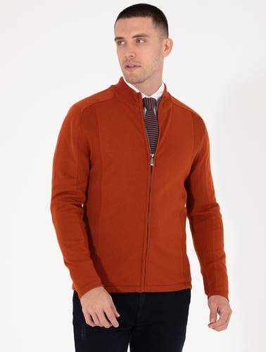 Kahverengi Slim Fit Fermuarlı Triko Hırka