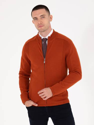 Kahverengi Slim Fit Fermuarlı Triko Hırka