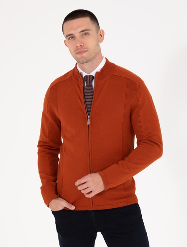 Kahverengi Slim Fit Fermuarlı Triko Hırka