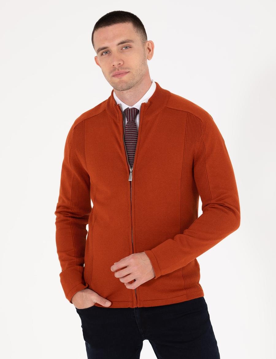 Kahverengi Slim Fit Fermuarlı Triko Hırka