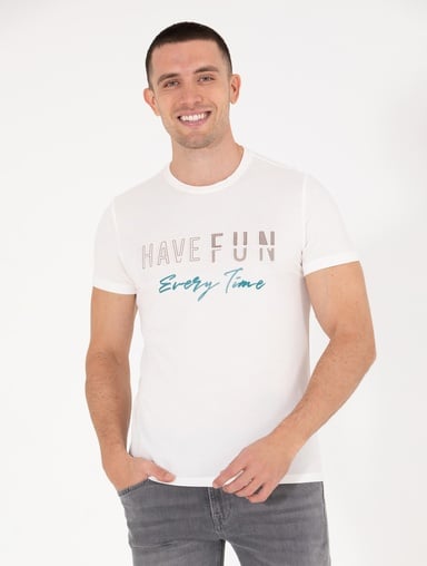Ekru Slim Fit Baskılı Bisiklet Yaka Tişört