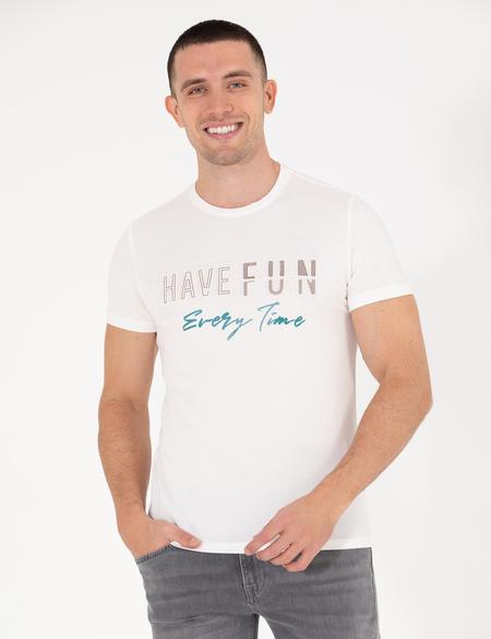 Ekru Slim Fit Baskılı Bisiklet Yaka Tişört - 50263928046