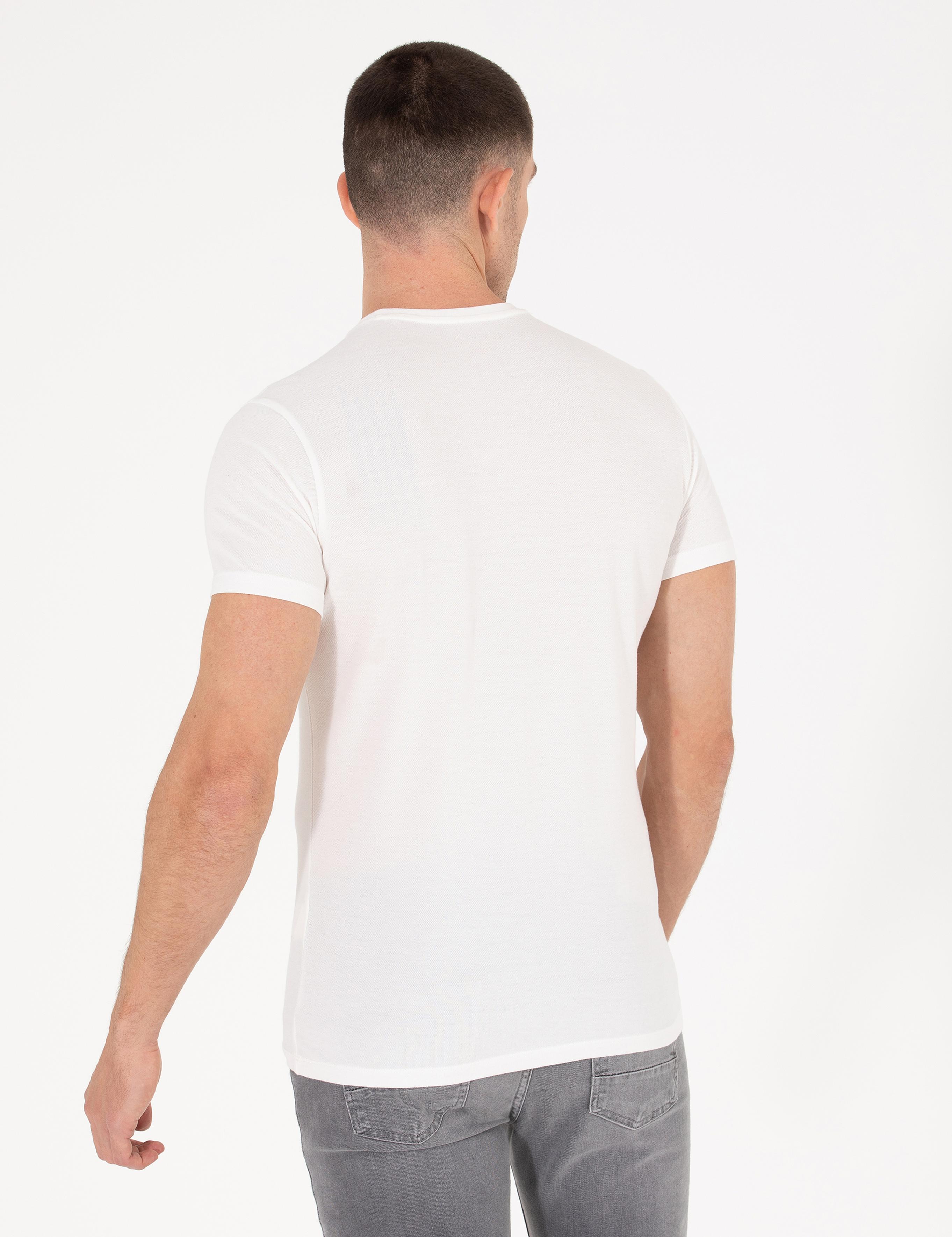 Ekru Slim Fit Baskılı Bisiklet Yaka Tişört