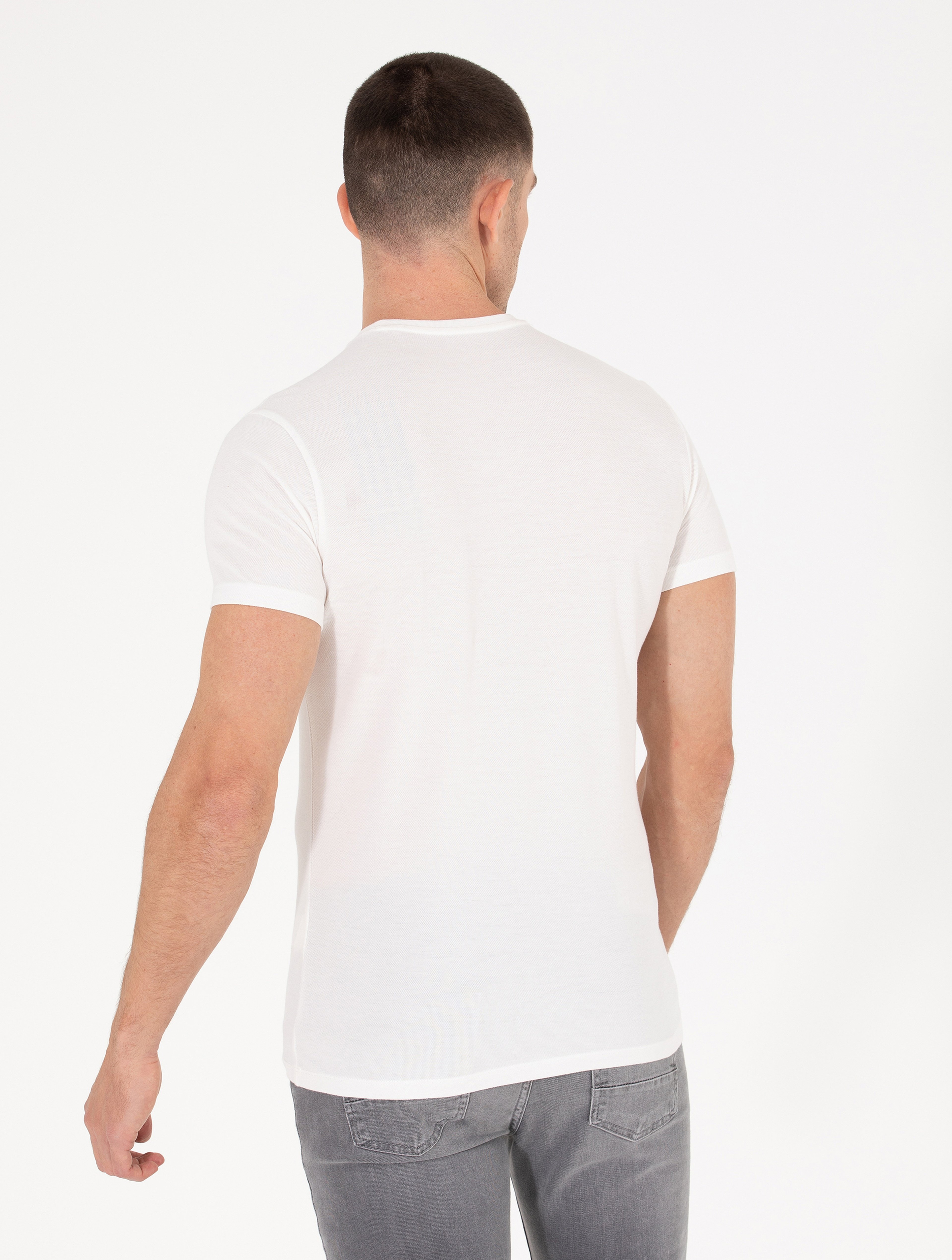 Ekru Slim Fit Baskılı Bisiklet Yaka Tişört - Image 5